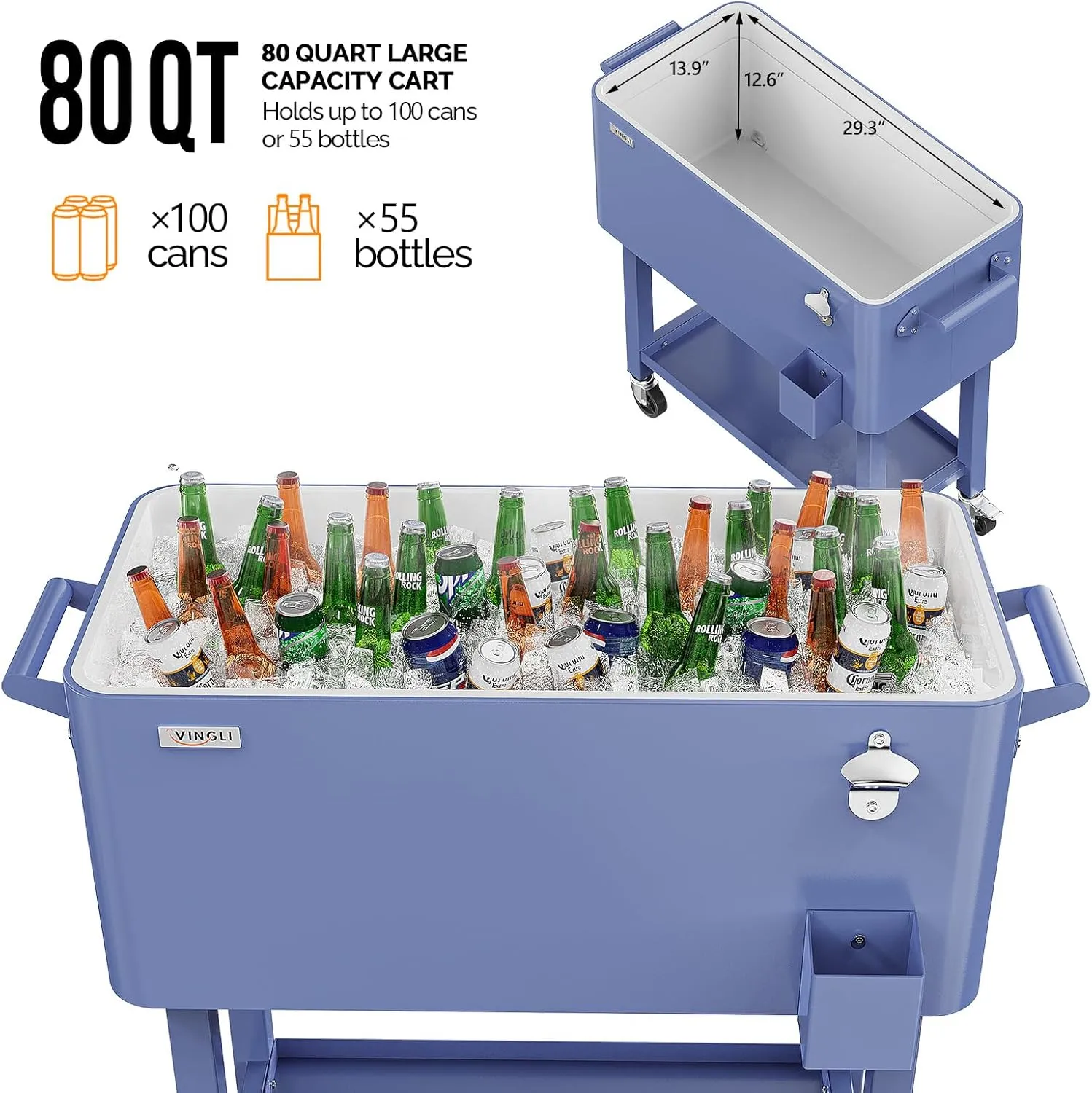 VINGLI 80 Quart Rolling Ice Chest, Portable Patio Party Bar Drink Cooler Cart, with Shelf, Beverage Pool with Bottle Opener