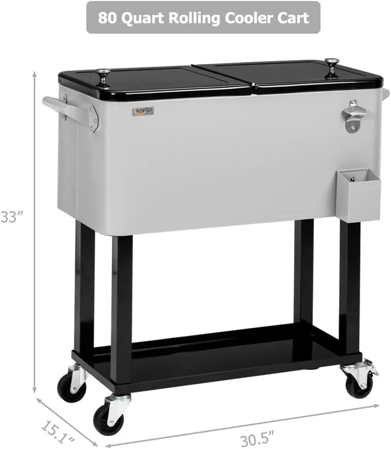 VINGLI 80 Quart Rolling Ice Chest, Portable Patio Party Bar Drink Cooler Cart, with Shelf, Beverage Pool with Bottle Opener