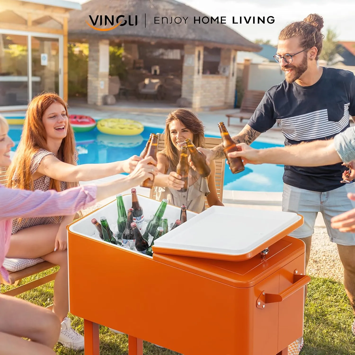 VINGLI 80 Quart Rolling Ice Chest, Portable Patio Party Bar Drink Cooler Cart, with Shelf, Beverage Pool with Bottle Opener
