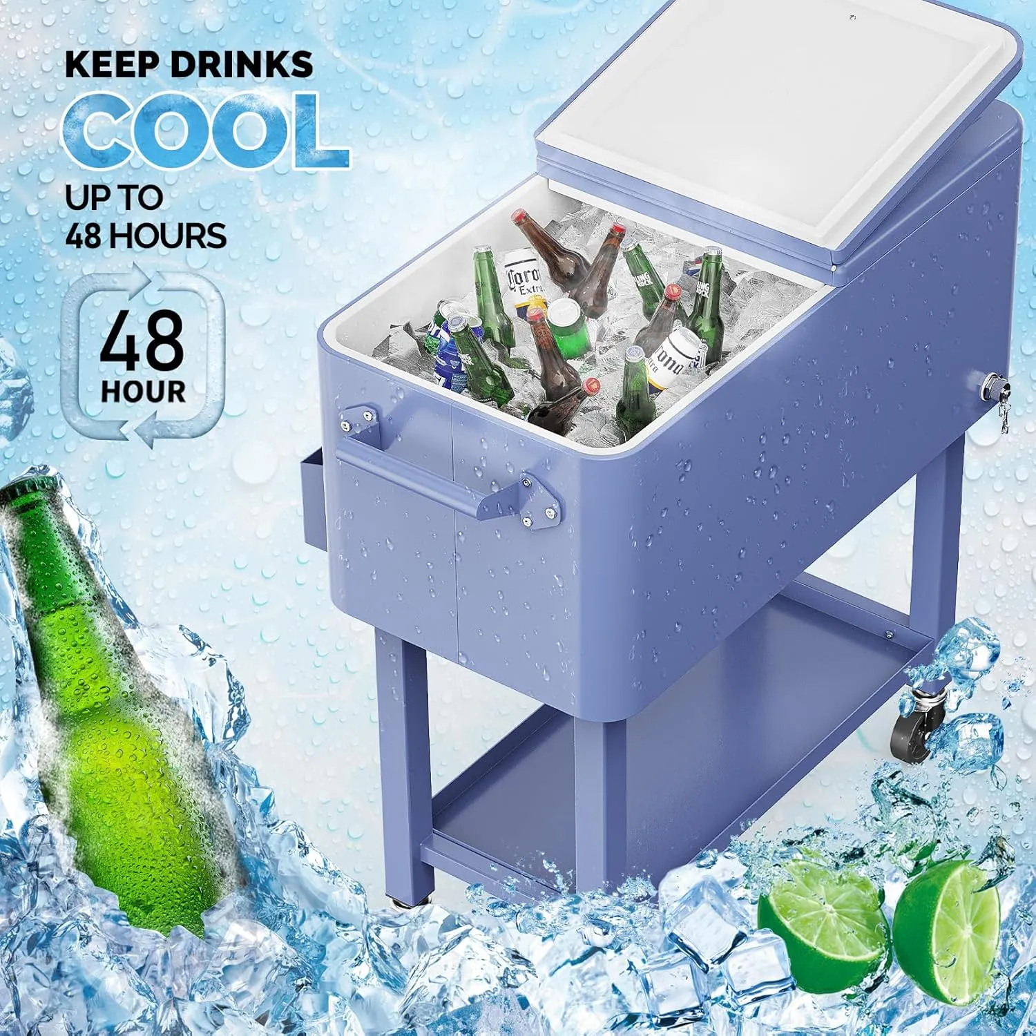 VINGLI 80 Quart Rolling Ice Chest, Portable Patio Party Bar Drink Cooler Cart, with Shelf, Beverage Pool with Bottle Opener