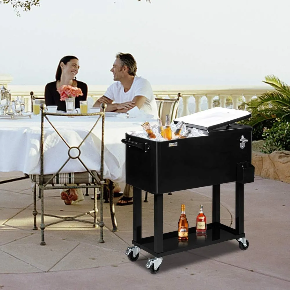 VINGLI 80 Quart Rolling Ice Chest, Portable Patio Party Bar Drink Cooler Cart, with Shelf, Beverage Pool with Bottle Opener