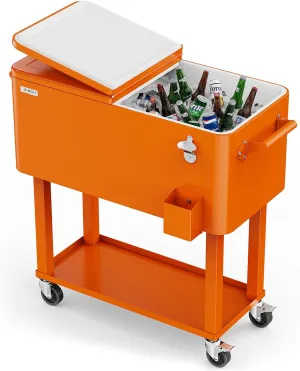 VINGLI 80 Quart Rolling Ice Chest, Portable Patio Party Bar Drink Cooler Cart, with Shelf, Beverage Pool with Bottle Opener