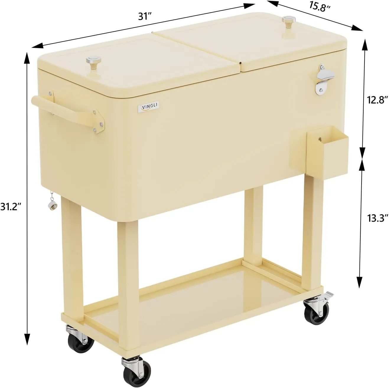 VINGLI 80 Quart Rolling Ice Chest, Portable Patio Party Bar Drink Cooler Cart, with Shelf, Beverage Pool with Bottle Opener