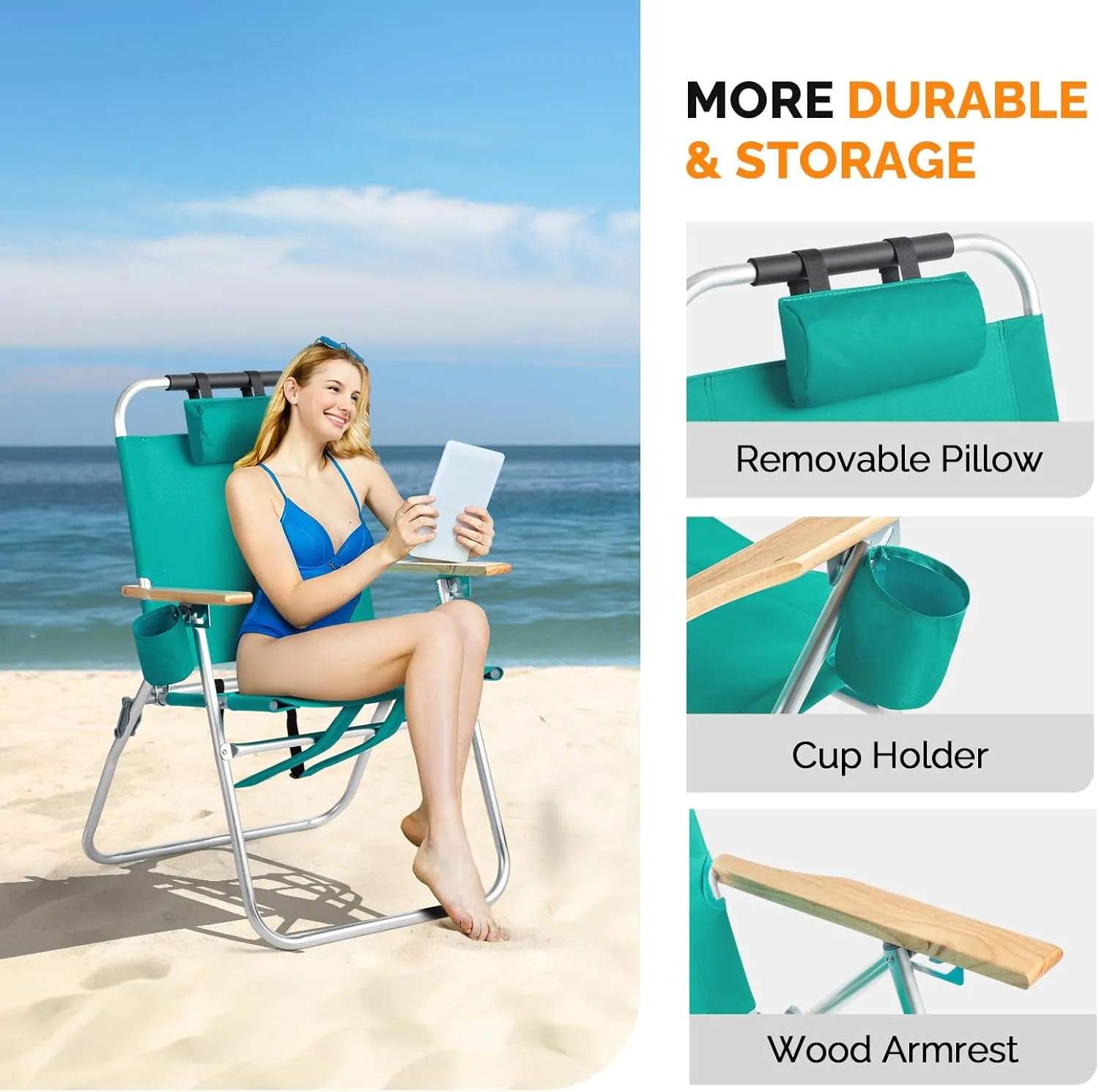 VINGLI Aluminum Backpack Beach Chair – Tall Beach Chairs for Adults, Portable with Adjustable Straps, 3-Position Reclining, Cup Holder, High Lightweight Beach Chairs for Beach (Green, 17" High)