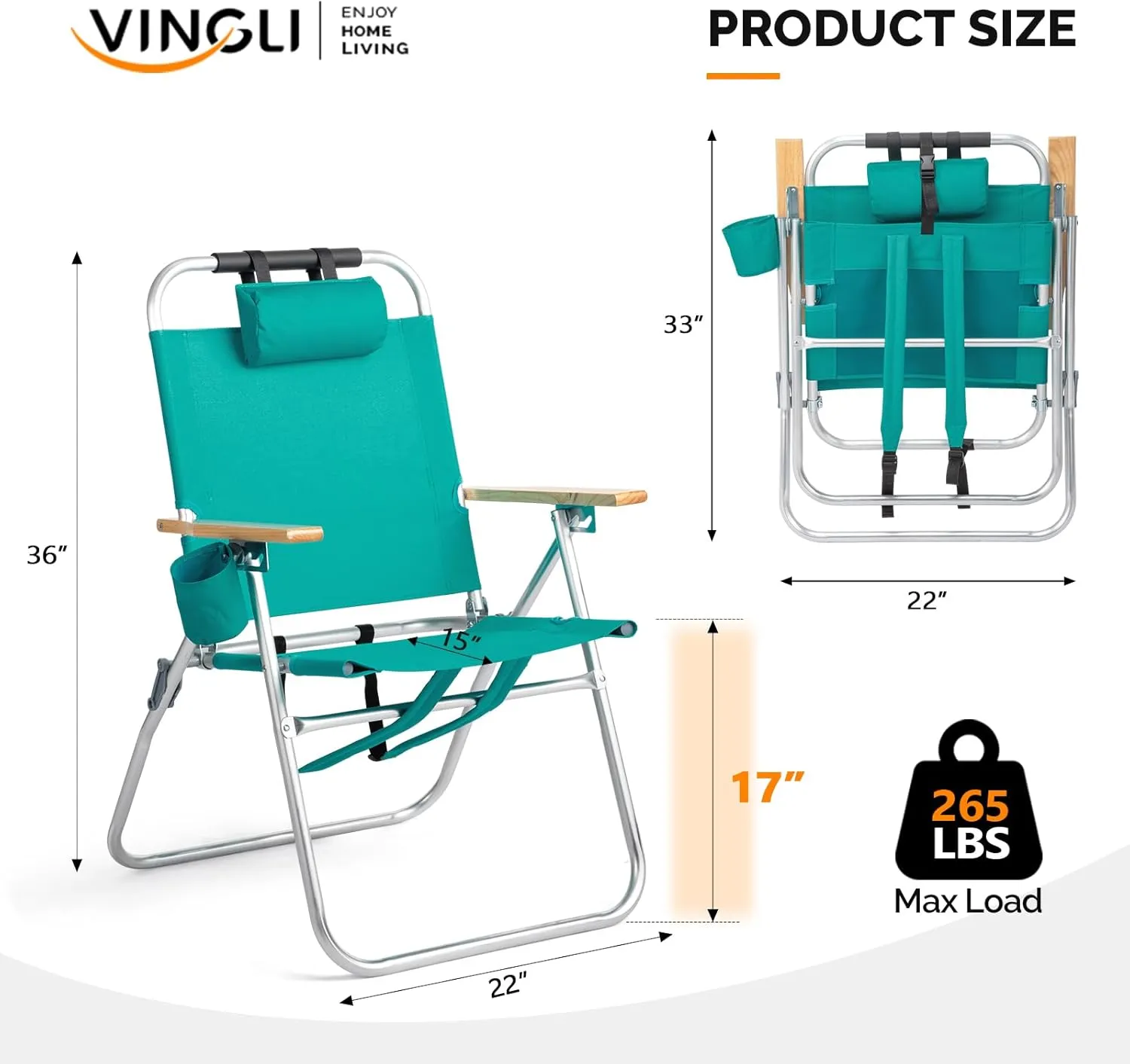 VINGLI Aluminum Backpack Beach Chair – Tall Beach Chairs for Adults, Portable with Adjustable Straps, 3-Position Reclining, Cup Holder, High Lightweight Beach Chairs for Beach (Green, 17" High)