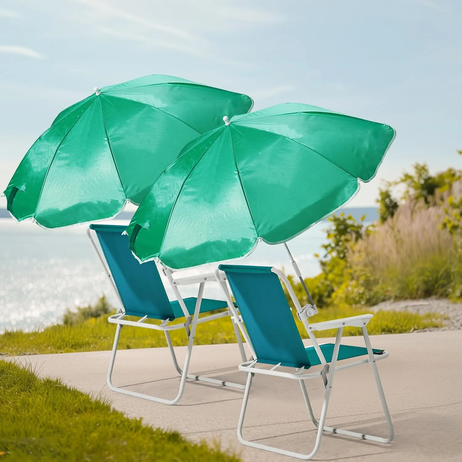 VINGLI Beach Chair with Umbrella, 2 Pack Beach Chair with 360° Canopy Shadefor Adults，Camping Chairs for Camping, Pool, Fishing-Teal