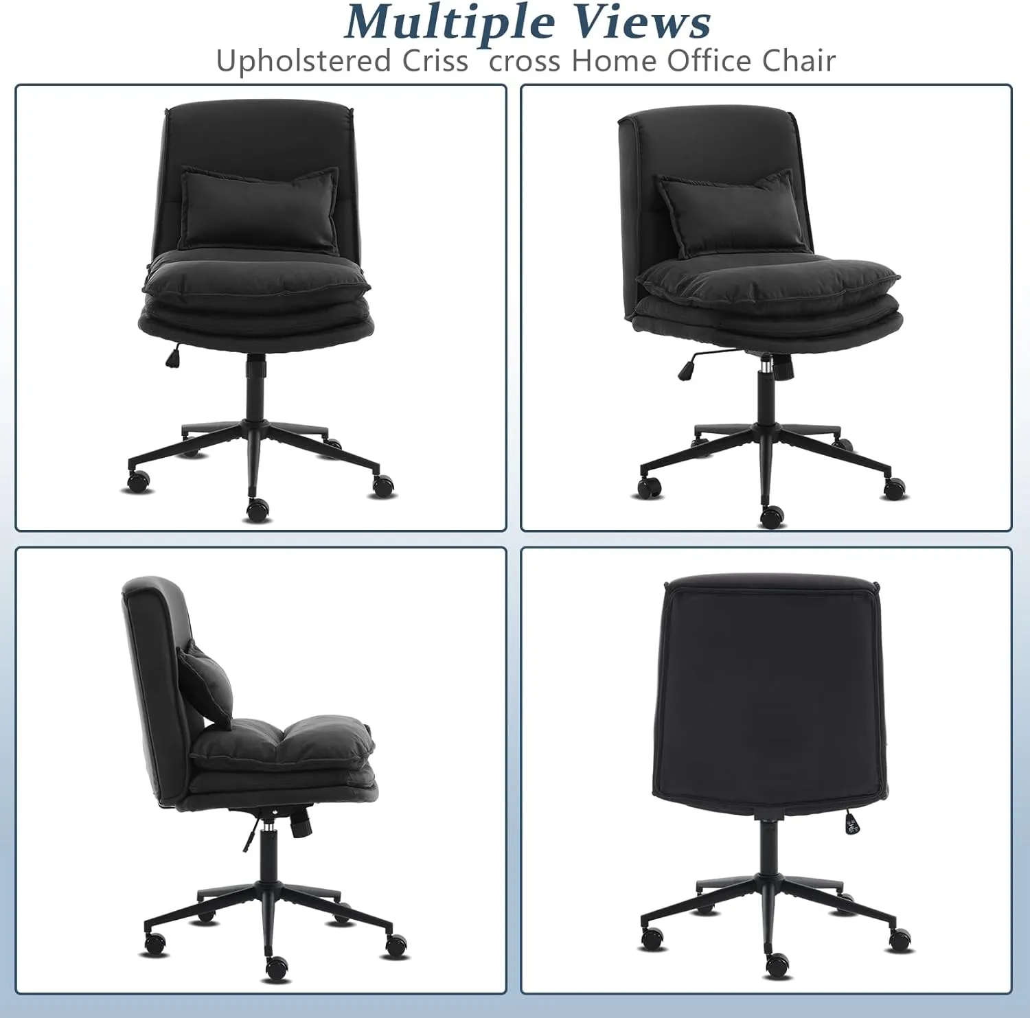 VINGLI Cloud Criss Cross Legged Chair,18" High Back Armless Home Office Desk Chair with Wheels,Wide Adjustable Comfy Padded Seat Task Computer Chair,Modern Swivel Makeup Vanity Chair,Microfiber,Black