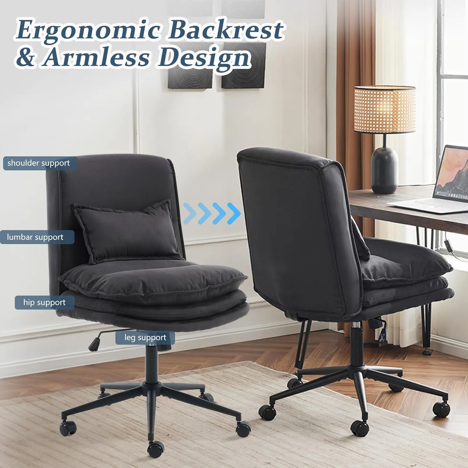VINGLI Cloud Criss Cross Legged Chair,18" High Back Armless Home Office Desk Chair with Wheels,Wide Adjustable Comfy Padded Seat Task Computer Chair,Modern Swivel Makeup Vanity Chair,Microfiber,Black