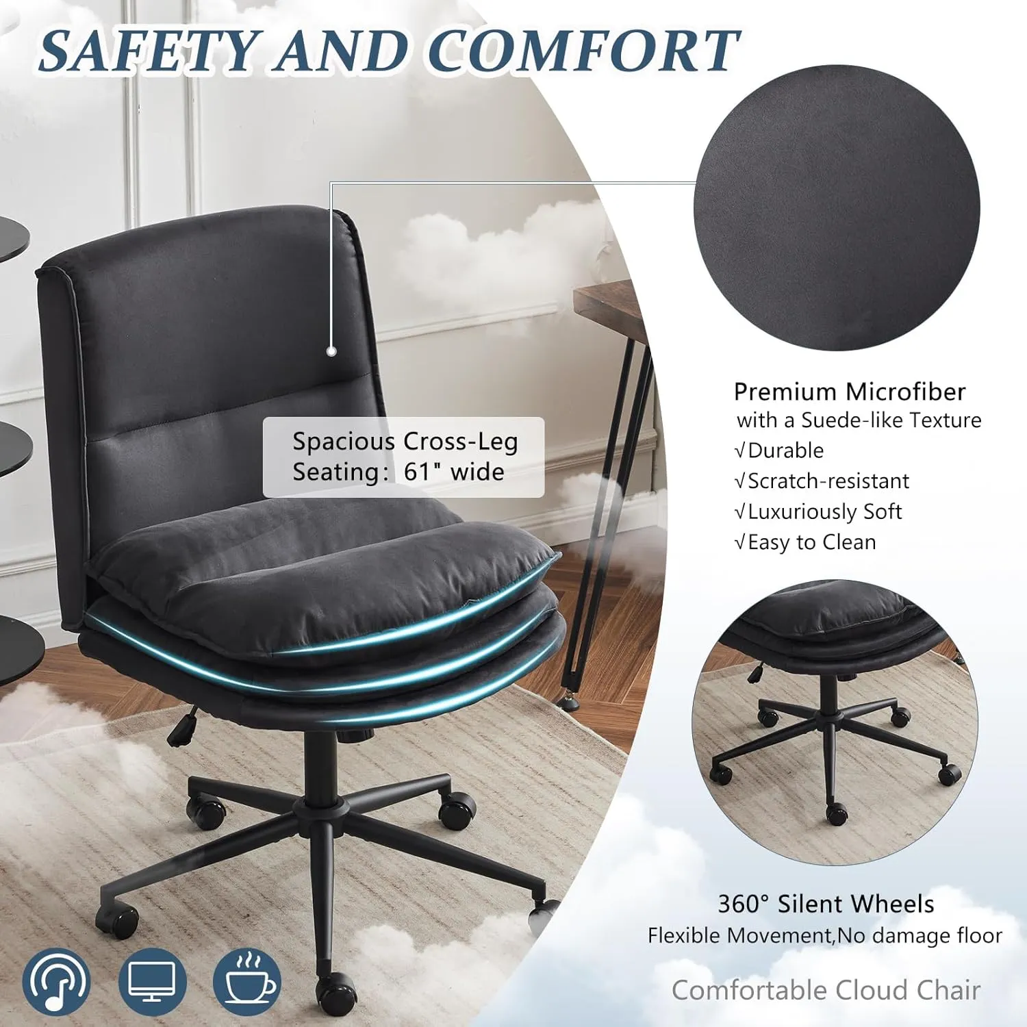 VINGLI Cloud Criss Cross Legged Chair,18" High Back Armless Home Office Desk Chair with Wheels,Wide Adjustable Comfy Padded Seat Task Computer Chair,Modern Swivel Makeup Vanity Chair,Microfiber,Black