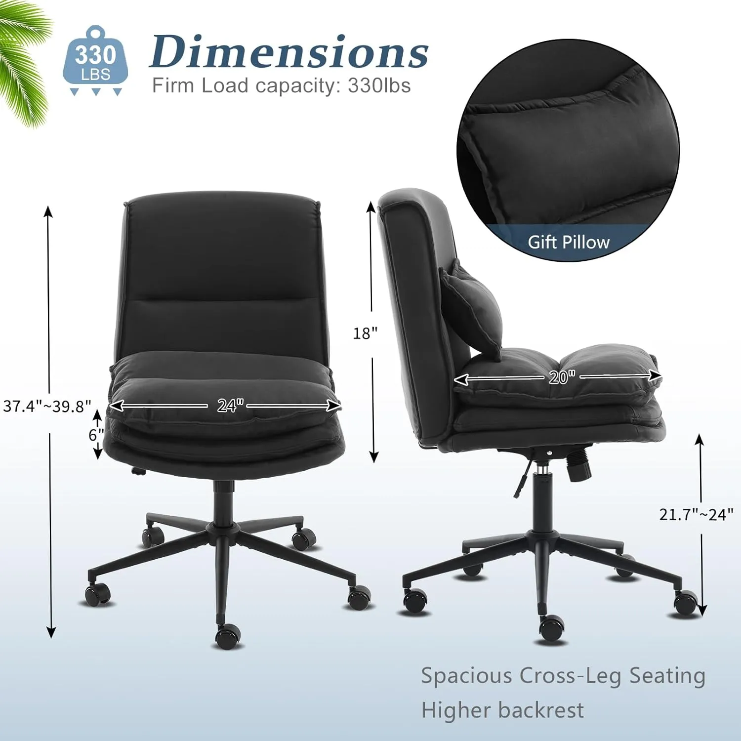 VINGLI Cloud Criss Cross Legged Chair,18" High Back Armless Home Office Desk Chair with Wheels,Wide Adjustable Comfy Padded Seat Task Computer Chair,Modern Swivel Makeup Vanity Chair,Microfiber,Black