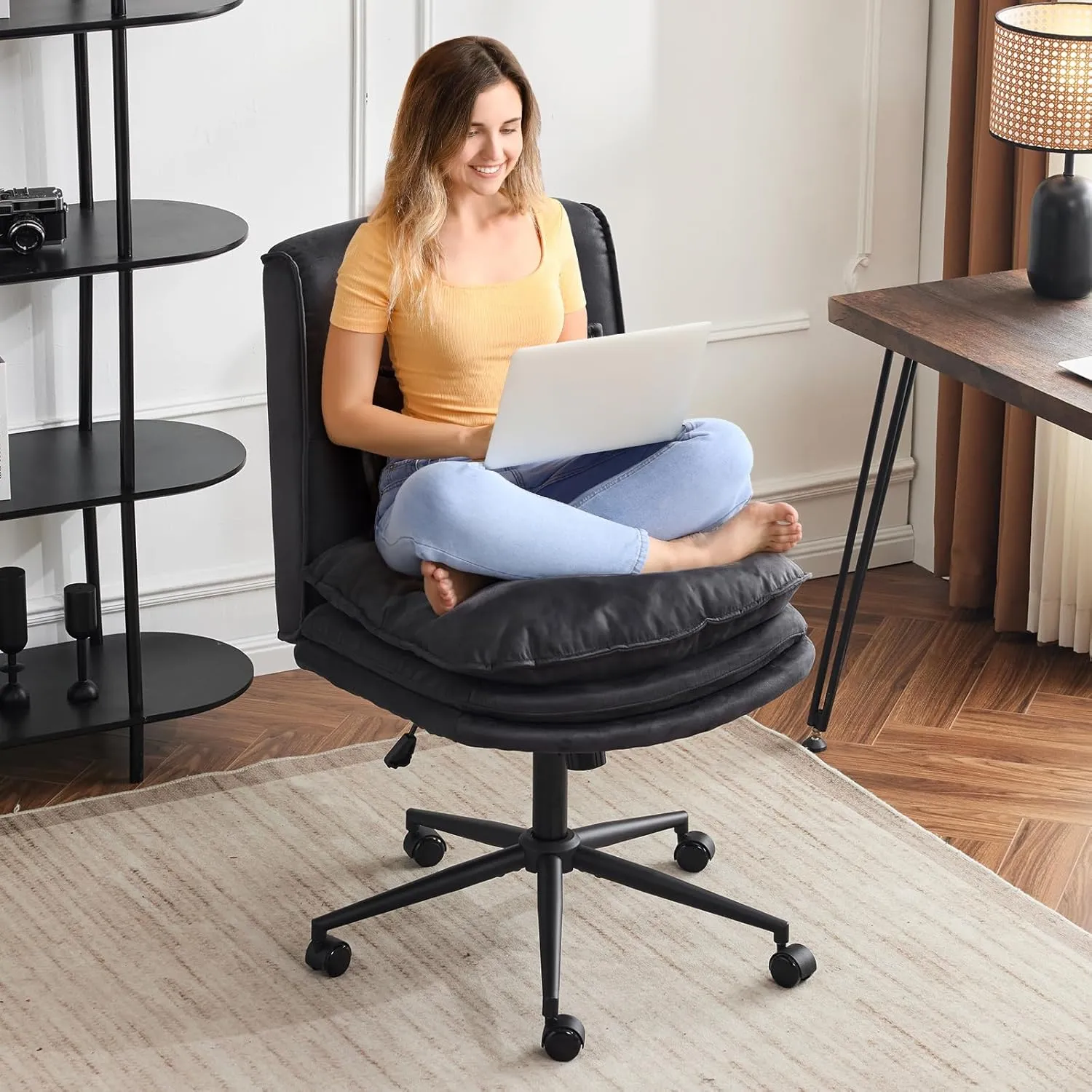VINGLI Cloud Criss Cross Legged Chair,18" High Back Armless Home Office Desk Chair with Wheels,Wide Adjustable Comfy Padded Seat Task Computer Chair,Modern Swivel Makeup Vanity Chair,Microfiber,Black