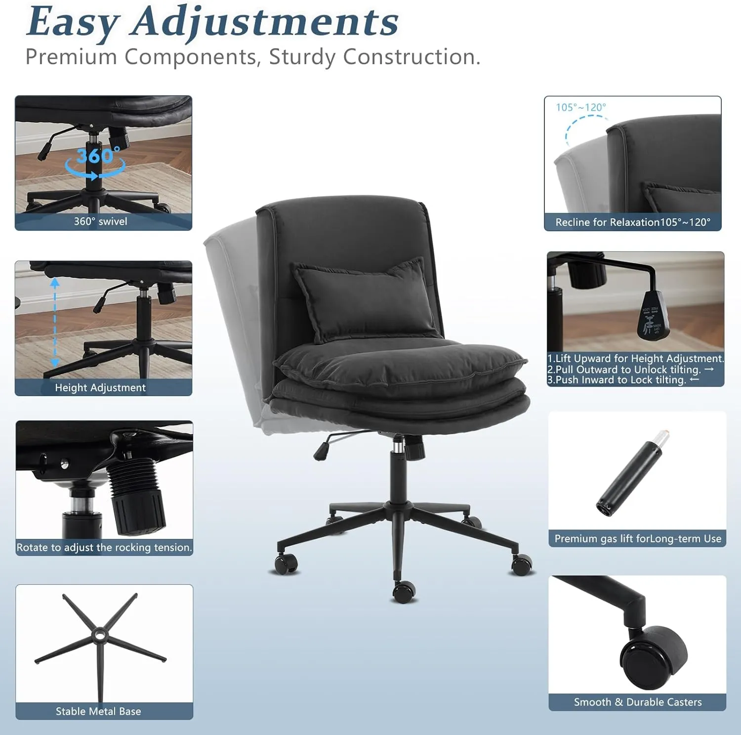 VINGLI Cloud Criss Cross Legged Chair,18" High Back Armless Home Office Desk Chair with Wheels,Wide Adjustable Comfy Padded Seat Task Computer Chair,Modern Swivel Makeup Vanity Chair,Microfiber,Black