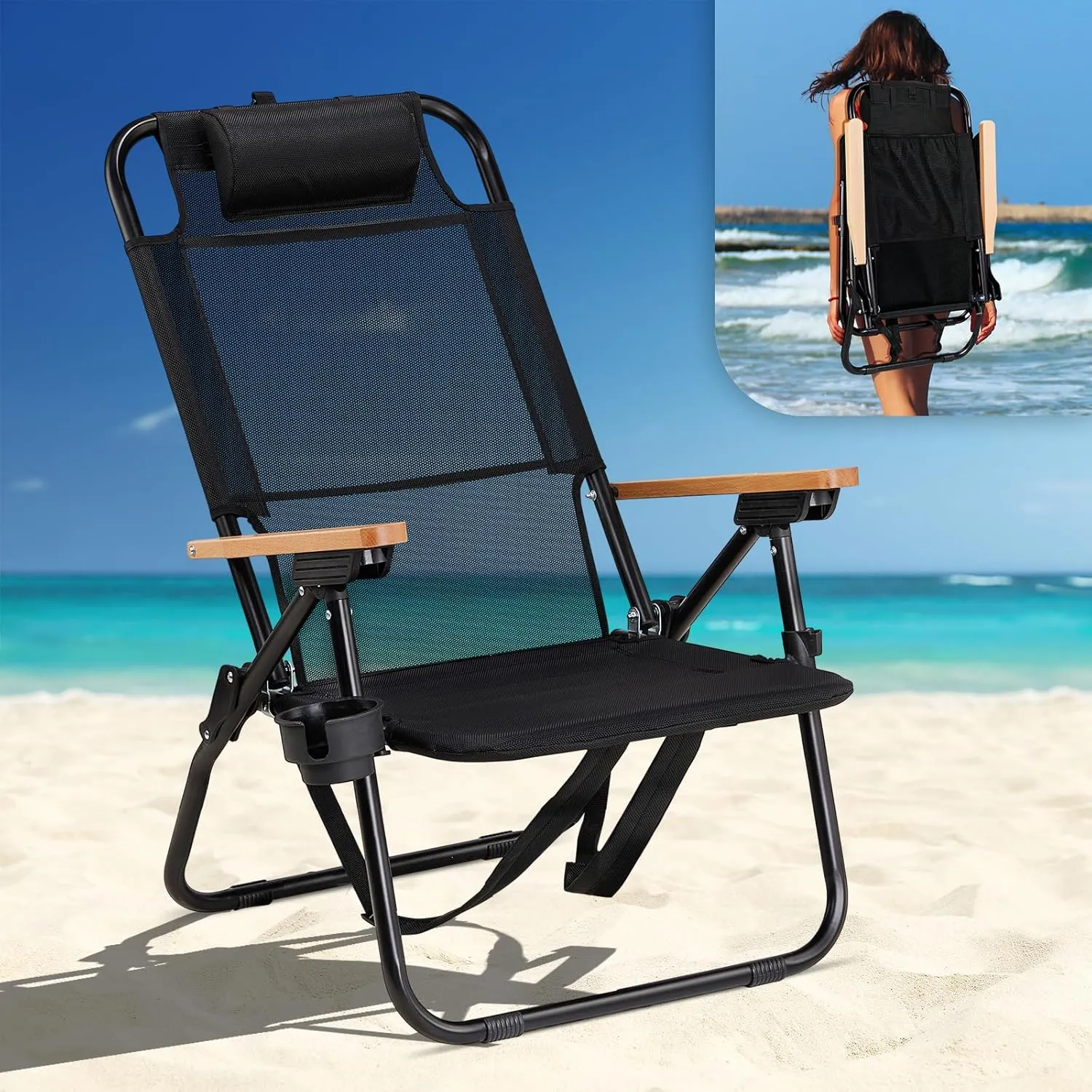 VINGLI Premium Lightweight Backpack Beach Chair with 4-Position, Cup Holders, Textilene Beach Chair for Adults, Camping Chairs Outdoor