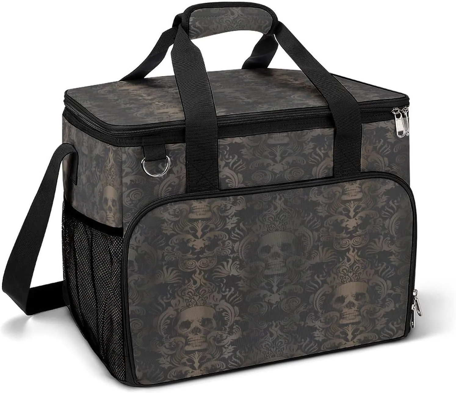 Vintage Gold Gothic Skull Damask Pattern Cooler Bag, Collapsible Soft Sided Cooler, Large Leakproof Camping Cooler, Portable Travel Cooler for Camping, Road Trips