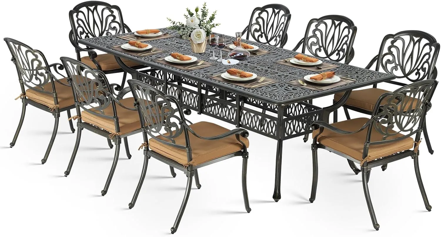 VIVIJASON 9-Piece Outdoor Dining Set, All Weather Cast Aluminum Retro Patio Furniture Table and Chairs Set for 8, Include 94.5" Rectangular Dining Table and 8 Chairs with Umbrella Hole, Khaki Cushion