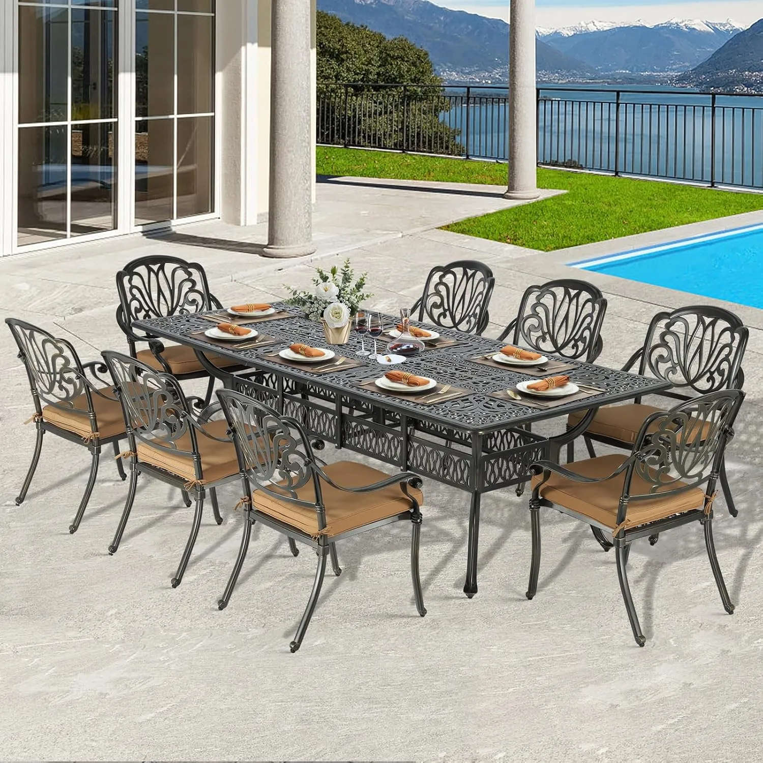 VIVIJASON 9-Piece Outdoor Dining Set, All Weather Cast Aluminum Retro Patio Furniture Table and Chairs Set for 8, Include 94.5" Rectangular Dining Table and 8 Chairs with Umbrella Hole, Khaki Cushion