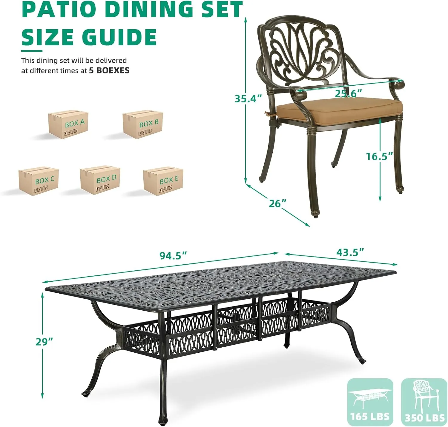 VIVIJASON 9-Piece Outdoor Dining Set, All Weather Cast Aluminum Retro Patio Furniture Table and Chairs Set for 8, Include 94.5" Rectangular Dining Table and 8 Chairs with Umbrella Hole, Khaki Cushion