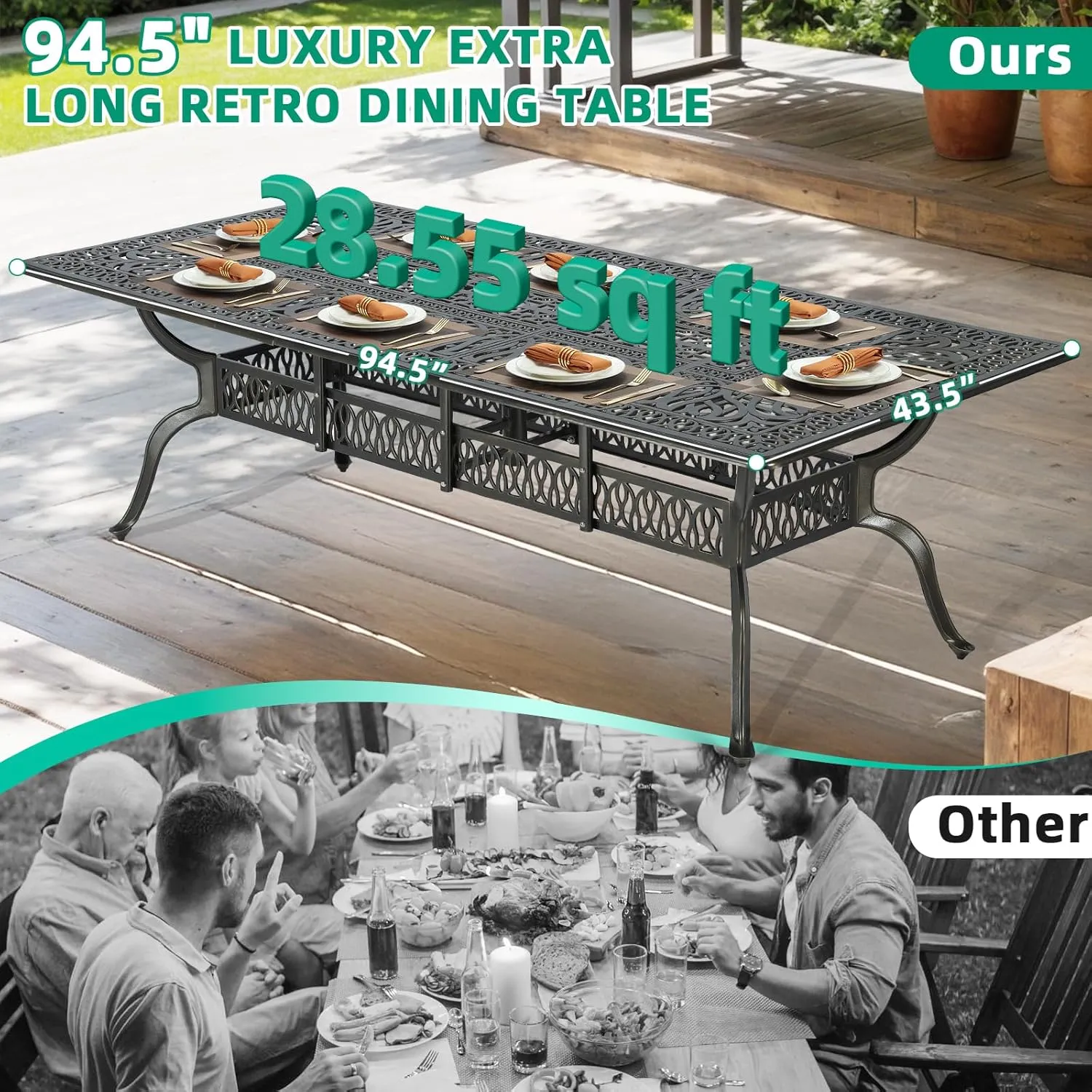 VIVIJASON 9-Piece Outdoor Dining Set, All Weather Cast Aluminum Retro Patio Furniture Table and Chairs Set for 8, Include 94.5" Rectangular Dining Table and 8 Chairs with Umbrella Hole, Khaki Cushion