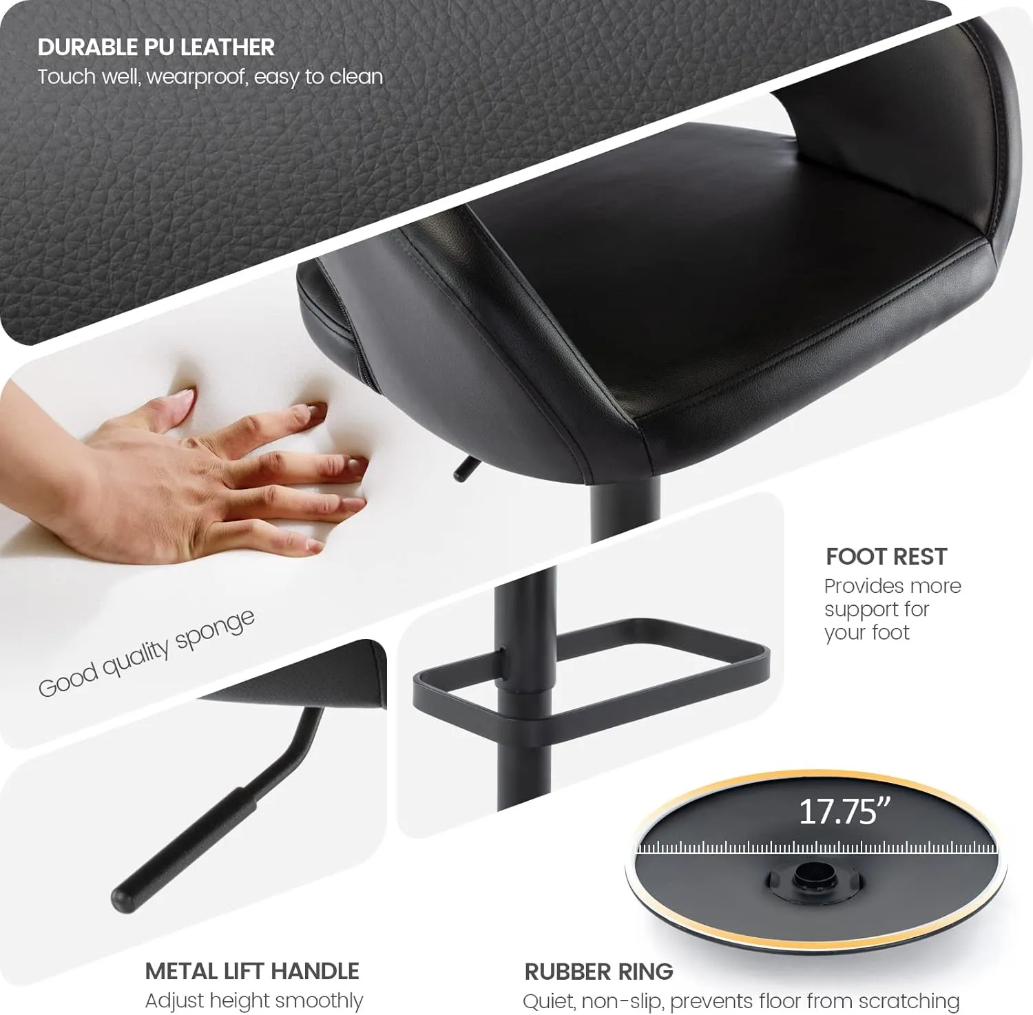 Vogue Furniture Direct Adjustable Bar Stool with Hollow Back and Arms, Modern PU Leather Swivel Barstool, Airlift Counter Height Bar Chair for Kitchen Dining Room (Black, Balck Base)