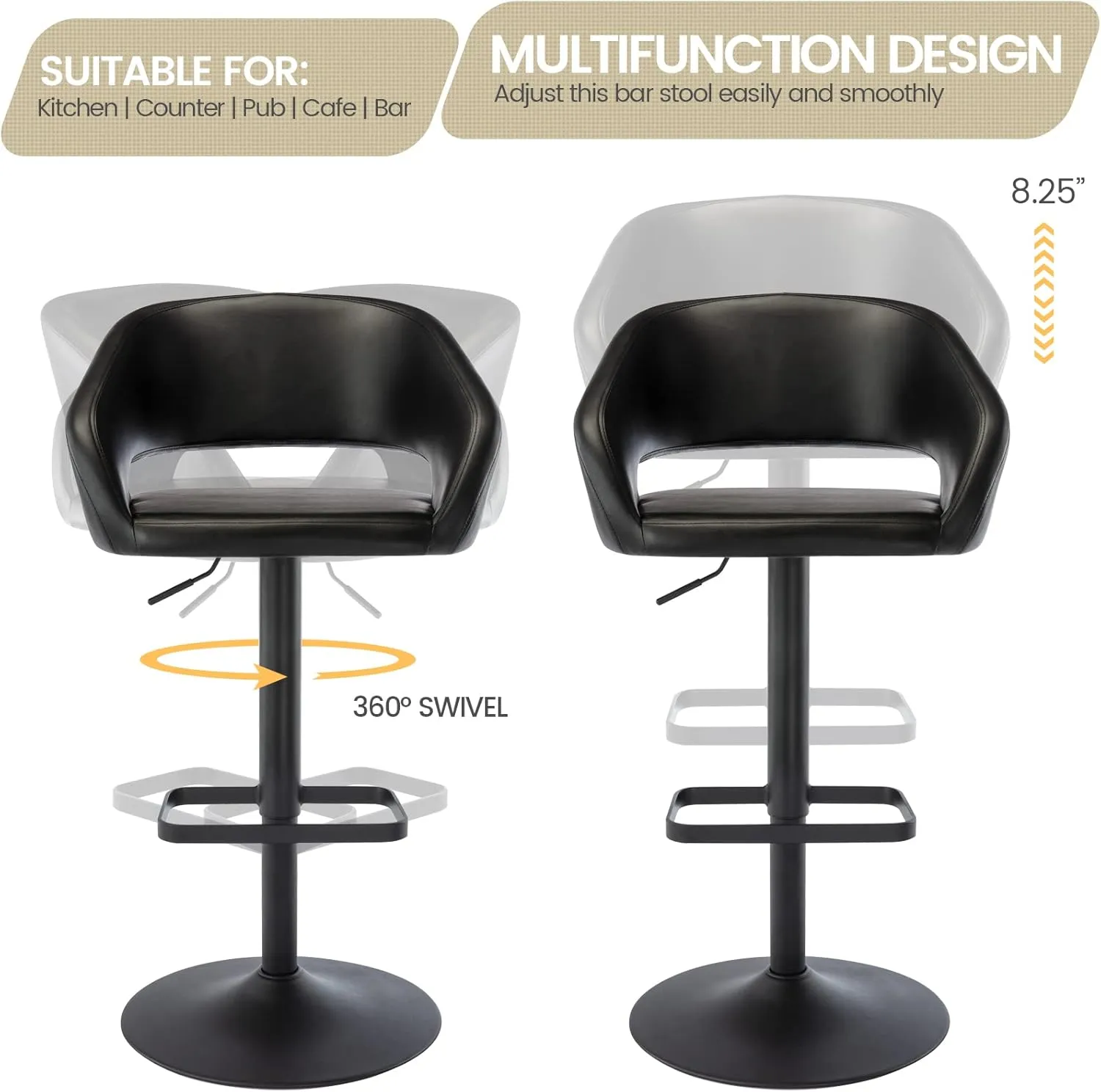 Vogue Furniture Direct Adjustable Bar Stool with Hollow Back and Arms, Modern PU Leather Swivel Barstool, Airlift Counter Height Bar Chair for Kitchen Dining Room (Black, Balck Base)