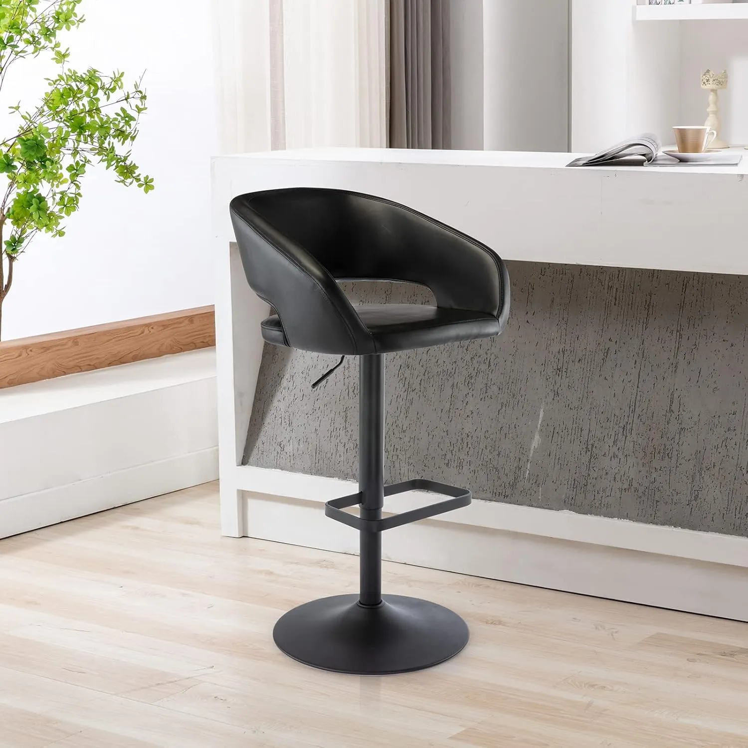 Vogue Furniture Direct Adjustable Bar Stool with Hollow Back and Arms, Modern PU Leather Swivel Barstool, Airlift Counter Height Bar Chair for Kitchen Dining Room (Black, Balck Base)