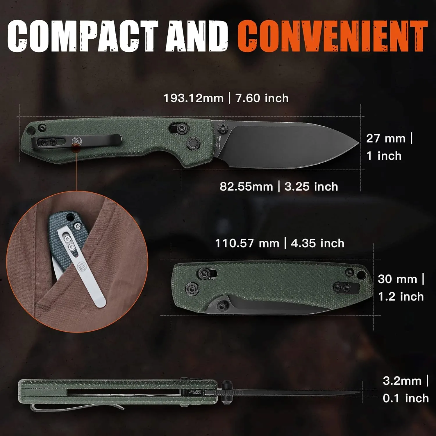 Vosteed EDC Knife, Lightweight Folding Pocket knife with Clip for Men and Women, Sharp Crossbar Lock Knife with 3.25" Sandvik 14C28N Steel Blade, Micarta Handle for Camping, Hiking - Raccoon