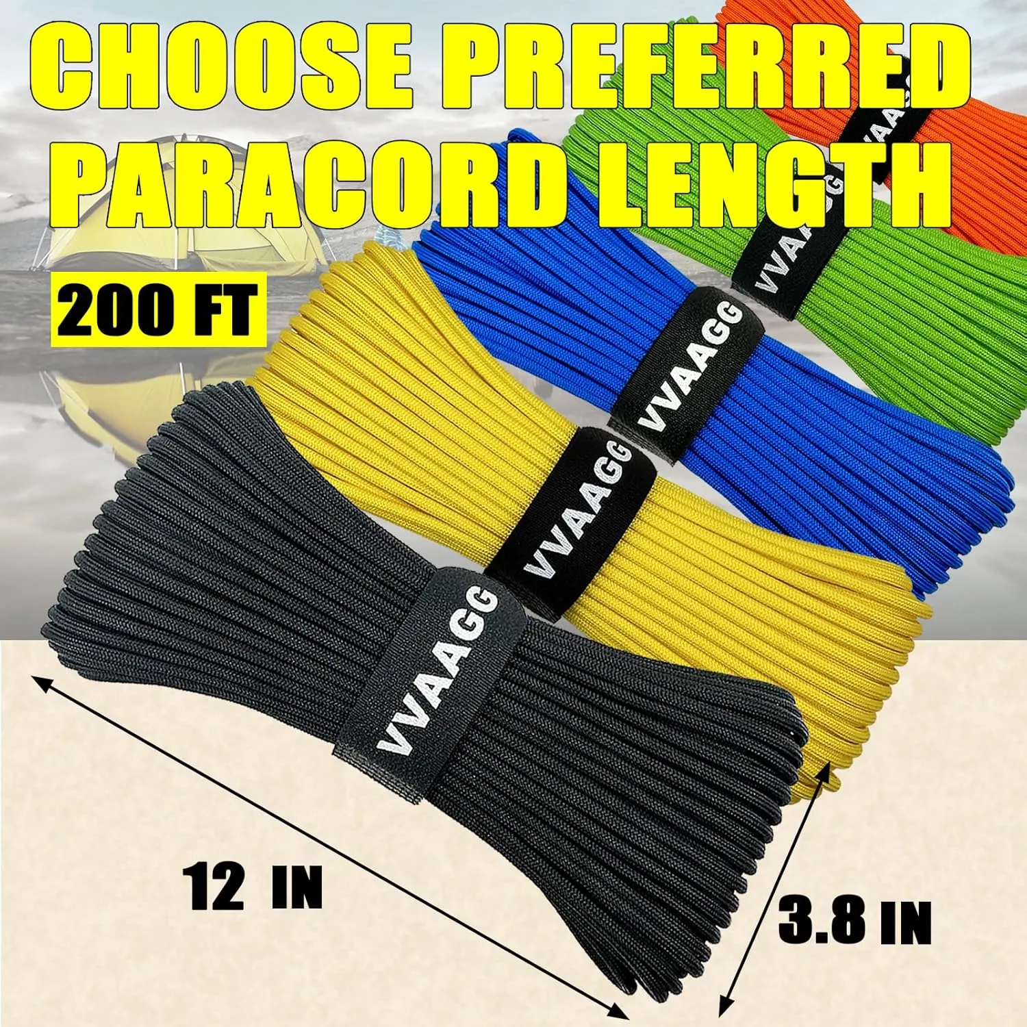 VVAAGG 1000lb Paracord Rope 200FT Utility Parachute Cord 4mm Heavy Duty 12 Strand Nylon Rope for Climbing Camping, Tent, Clothsline, Outdoor Hiking, Fishing (Black, 200FT)