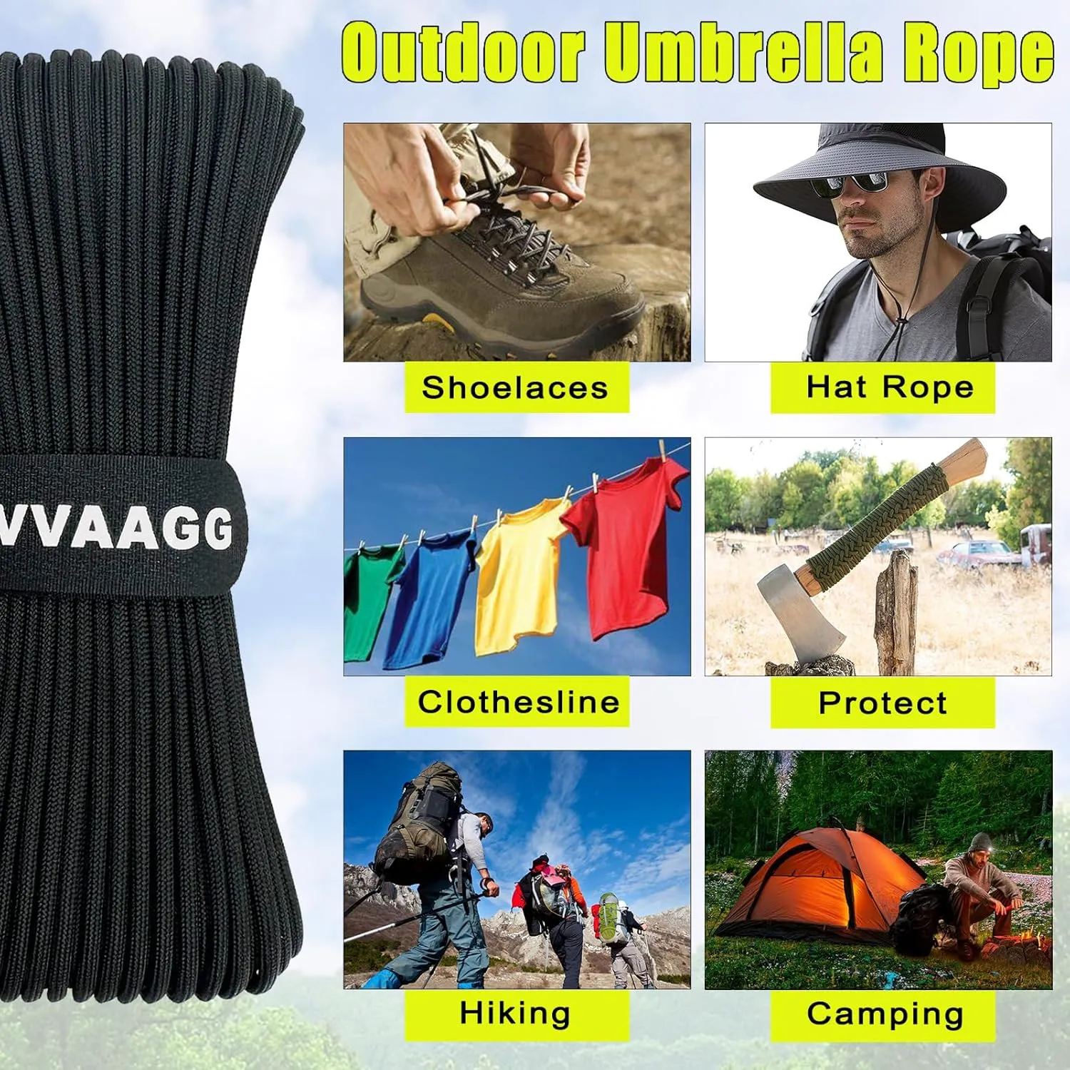 VVAAGG 1000lb Paracord Rope 200FT Utility Parachute Cord 4mm Heavy Duty 12 Strand Nylon Rope for Climbing Camping, Tent, Clothsline, Outdoor Hiking, Fishing (Black, 200FT)