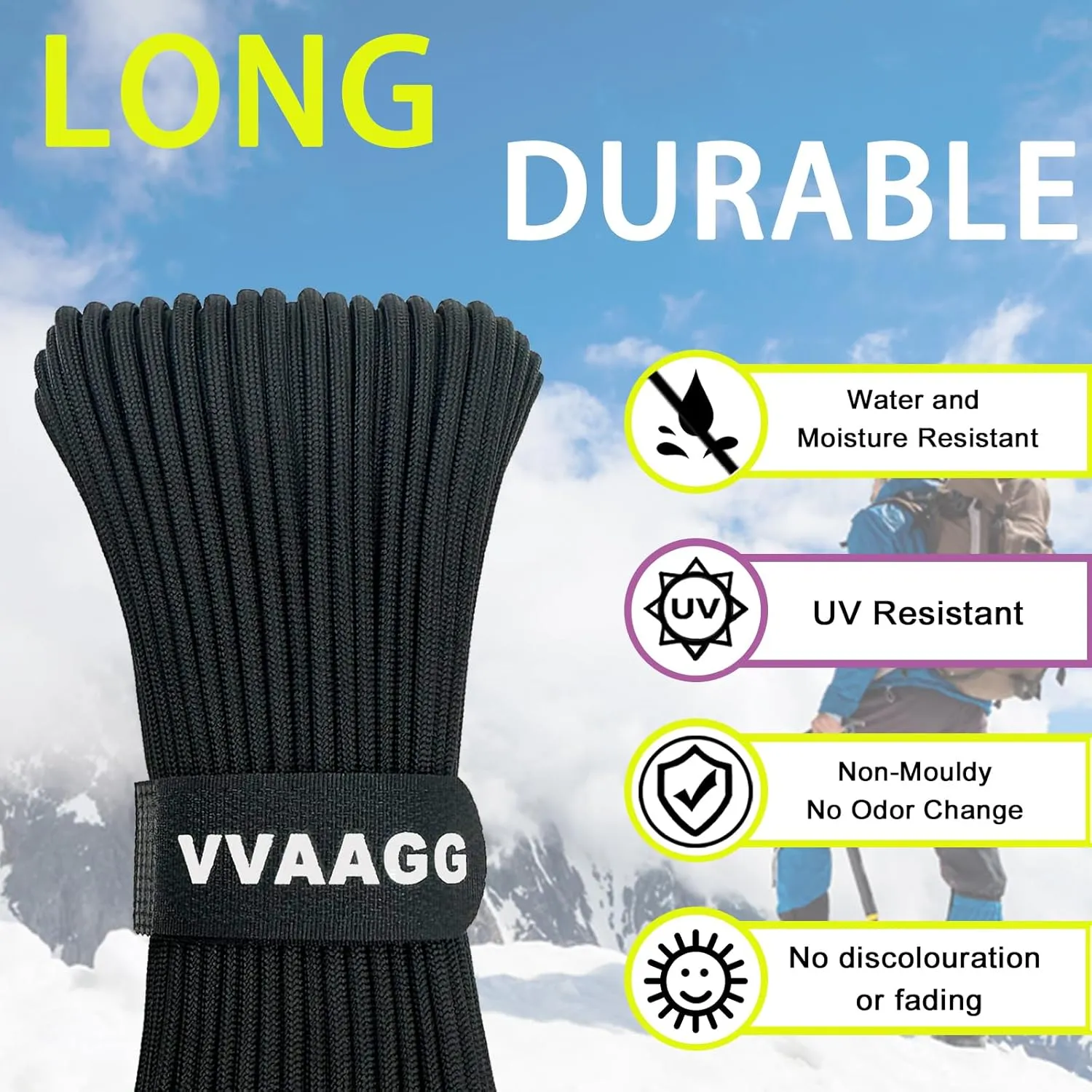 VVAAGG 1000lb Paracord Rope 200FT Utility Parachute Cord 4mm Heavy Duty 12 Strand Nylon Rope for Climbing Camping, Tent, Clothsline, Outdoor Hiking, Fishing (Black, 200FT)