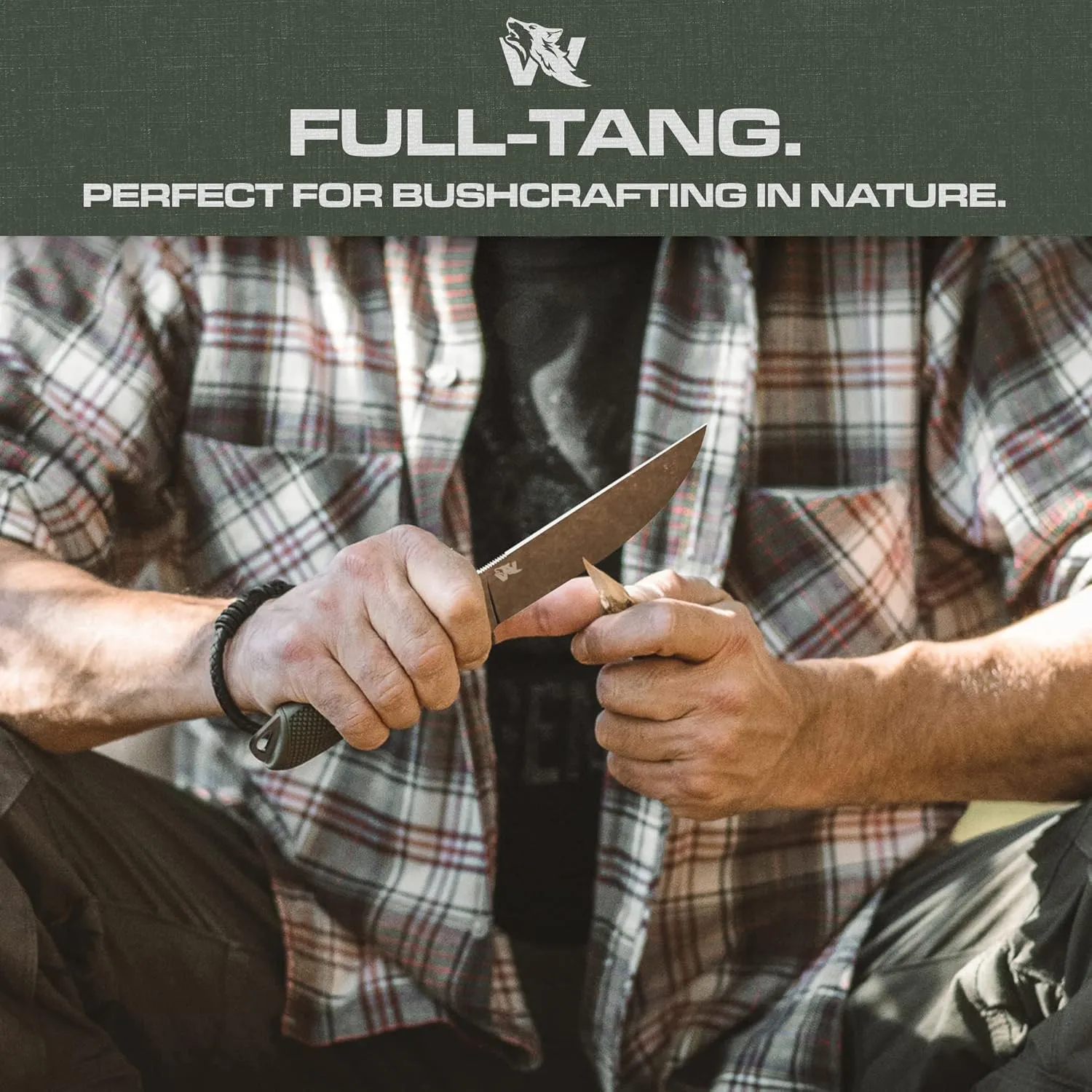 W-FLAT Full Tang Survival Knife with Sheath - Stylish Tactical Fixed Blade - Made of D2 Steel - Bushcraft and Camping Knife Survival - Perfect EDC Hunting Knife with TPE Handle