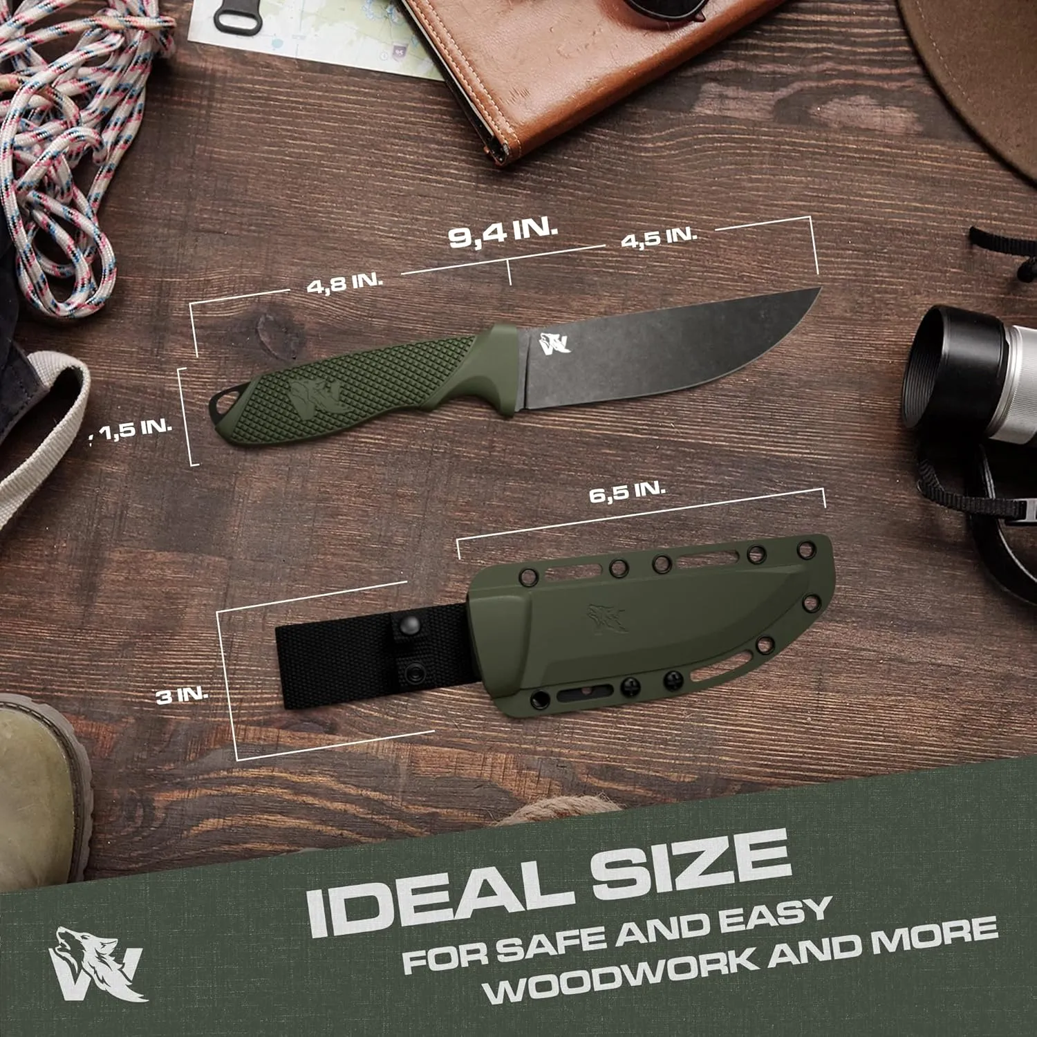 W-FLAT Full Tang Survival Knife with Sheath - Stylish Tactical Fixed Blade - Made of D2 Steel - Bushcraft and Camping Knife Survival - Perfect EDC Hunting Knife with TPE Handle