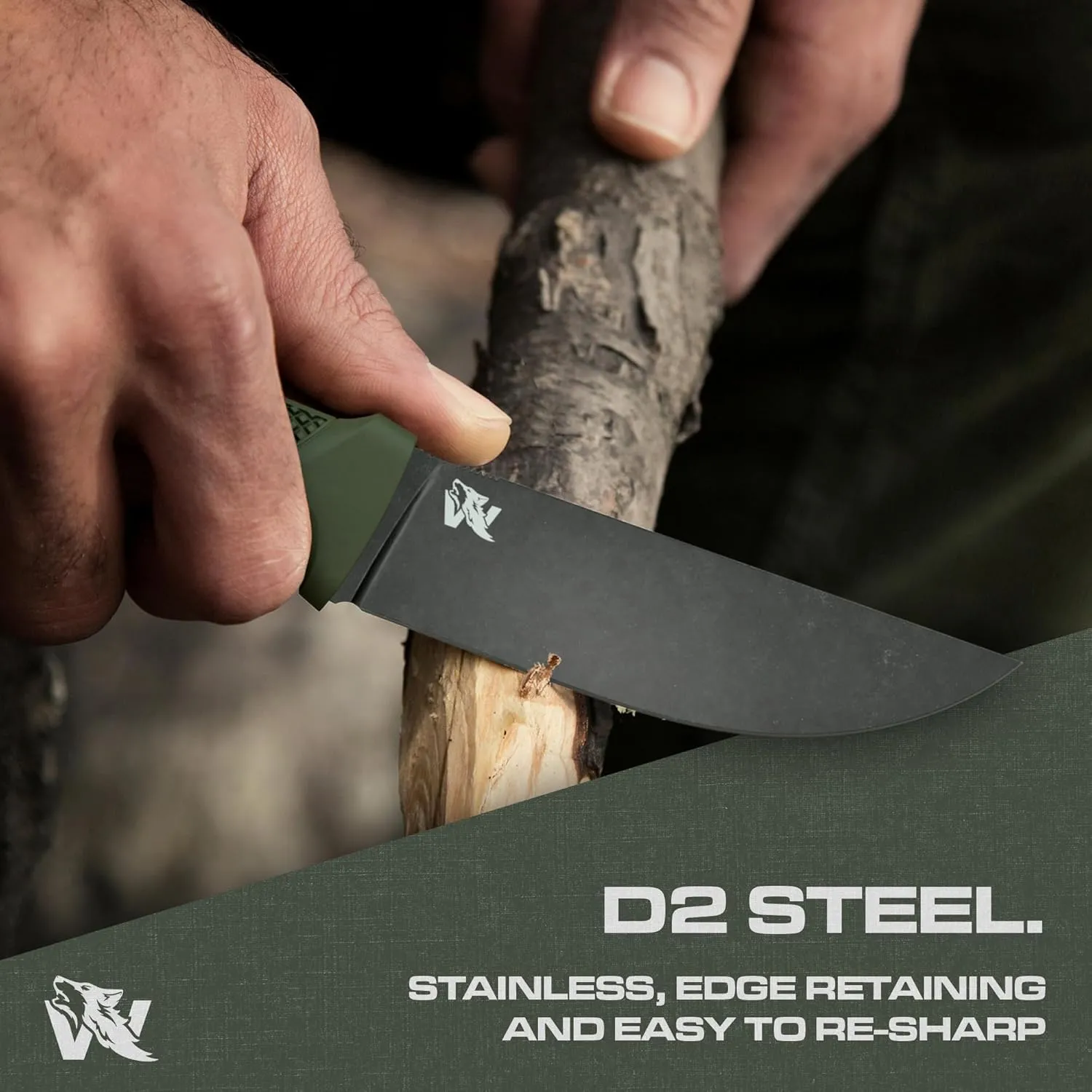 W-FLAT Full Tang Survival Knife with Sheath - Stylish Tactical Fixed Blade - Made of D2 Steel - Bushcraft and Camping Knife Survival - Perfect EDC Hunting Knife with TPE Handle