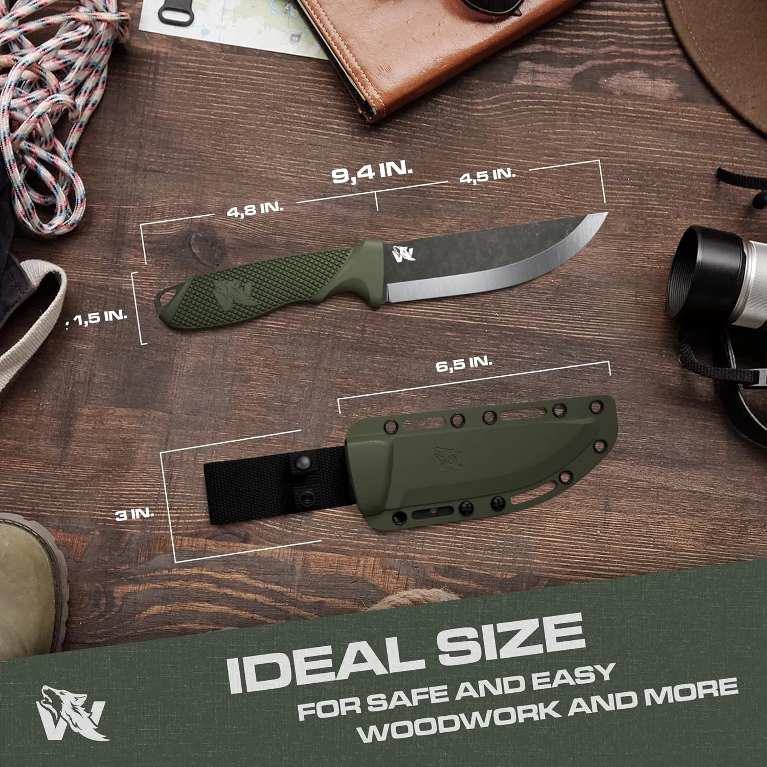 W-SCANDI Full Tang Survival Knife with Sheath - Stylish Tactical Fixed Blade - Made of 440C Steel - Bushcraft and Camping Knife - Perfect EDC Hunting Knife with TPE Handle