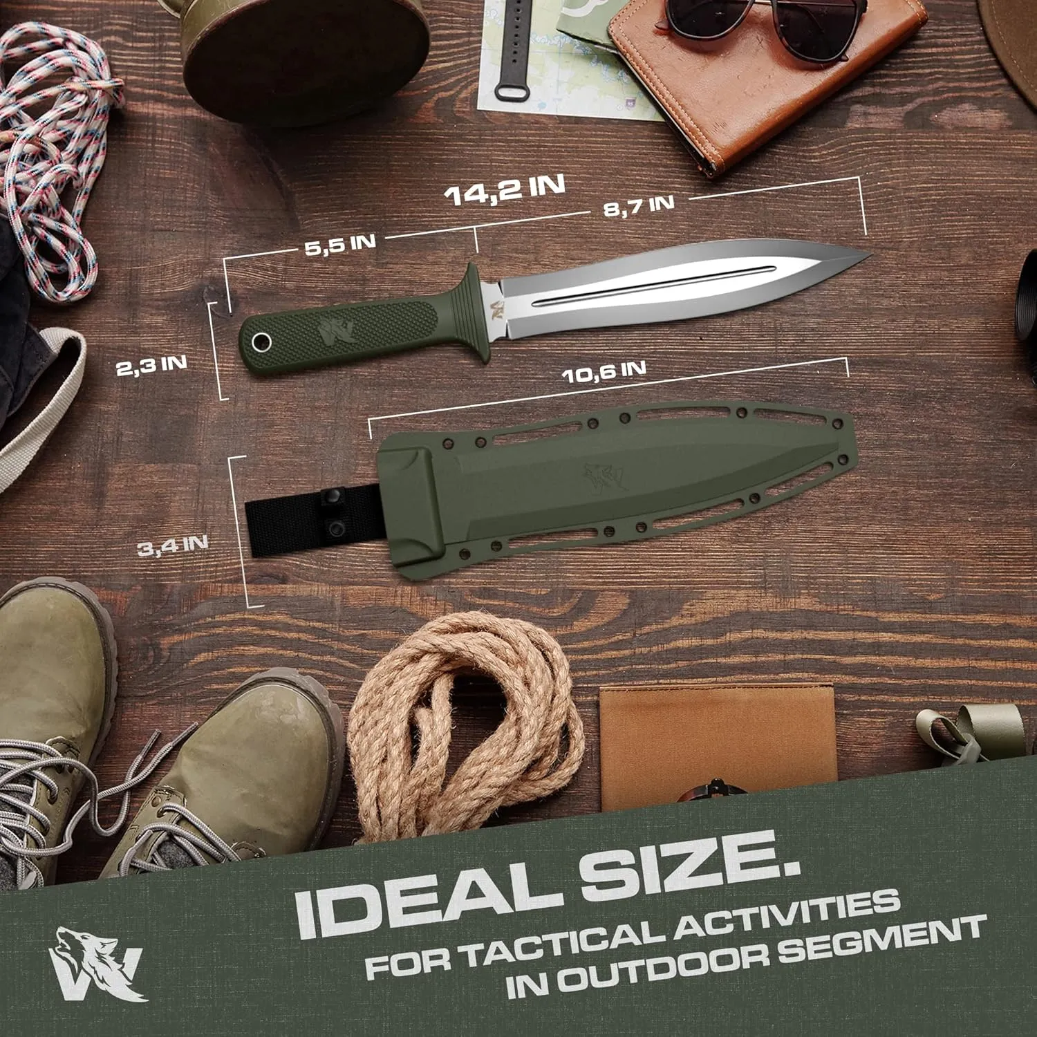 W-SowCatcher Fixed Blade Knife with Sheath - Large Hunting Knife made of D2 steel - Big Fixed Blade Double Edge Knife with TPE Handle