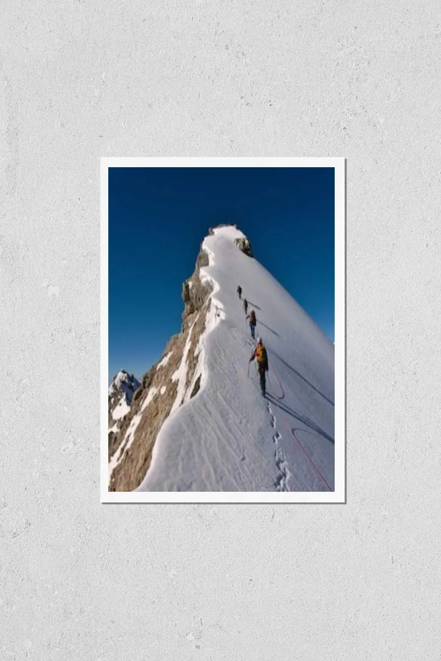 Wall Art Poster Print of Tied Climbers Climbing Mountain with Snow Field Tied with a Rope with Ice Axes and Helmets