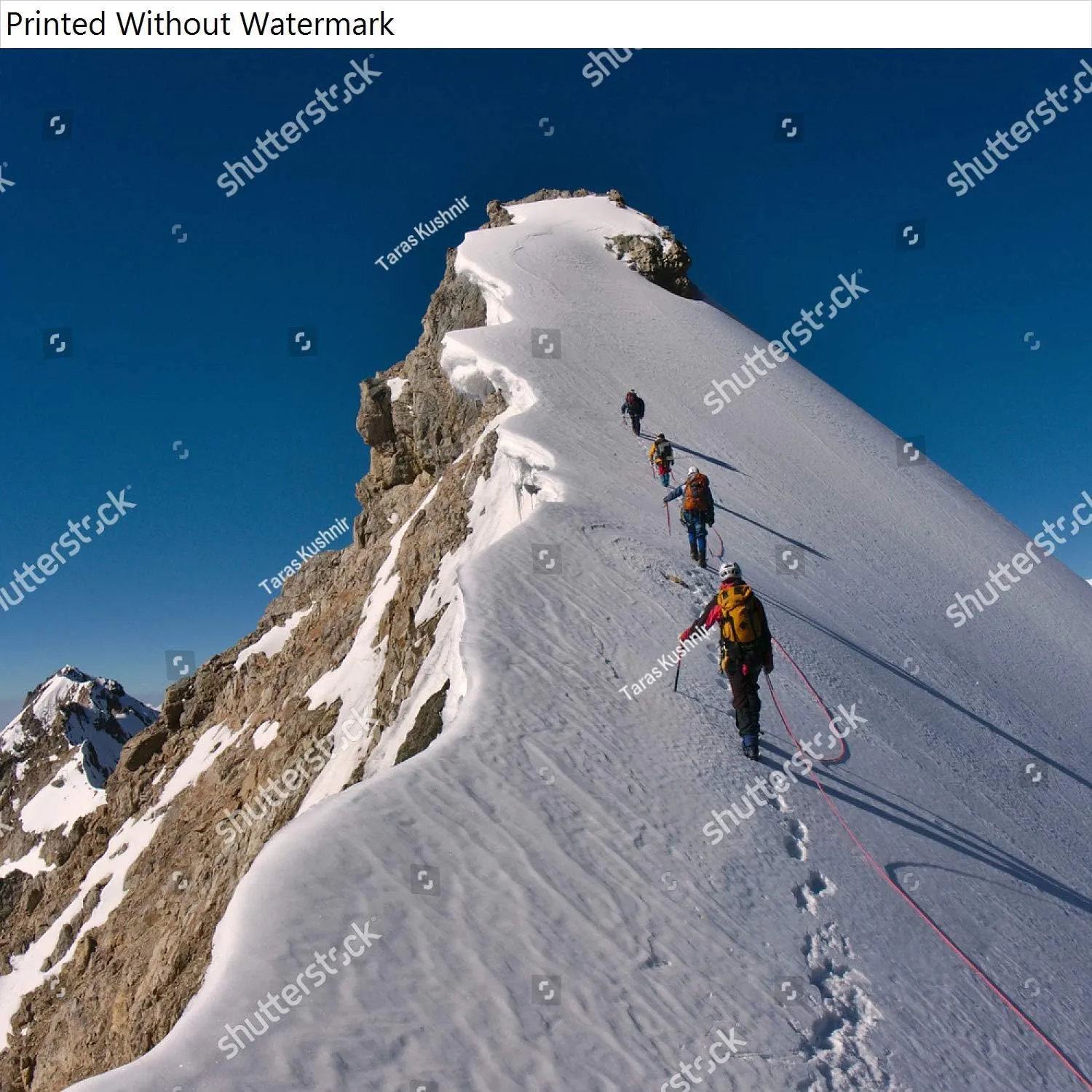 Wall Art Poster Print of Tied Climbers Climbing Mountain with Snow Field Tied with a Rope with Ice Axes and Helmets