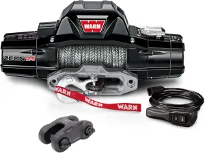 Warn Zeon 12-S 12V Electrical Utility Winch with 80 ft of 3/8 in Spydura Synthetic Rope & 12,000 lbs. for Trucks & SUVs - Includes Wired Remote and Epic Dual Pin "H" Shape Shackle Hyperlink (95950)