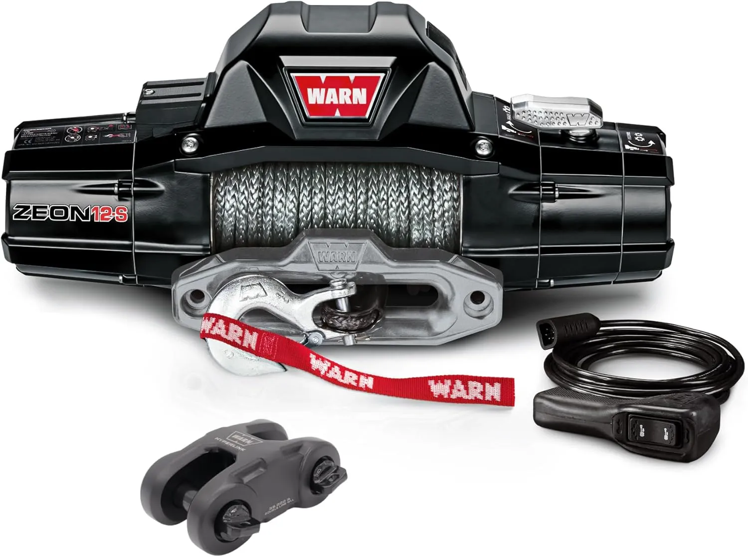 Warn Zeon 12-S 12V Electrical Utility Winch with 80 ft of 3/8 in Spydura Synthetic Rope & 12,000 lbs. for Trucks & SUVs - Includes Wired Remote and Epic Dual Pin "H" Shape Shackle Hyperlink (95950)