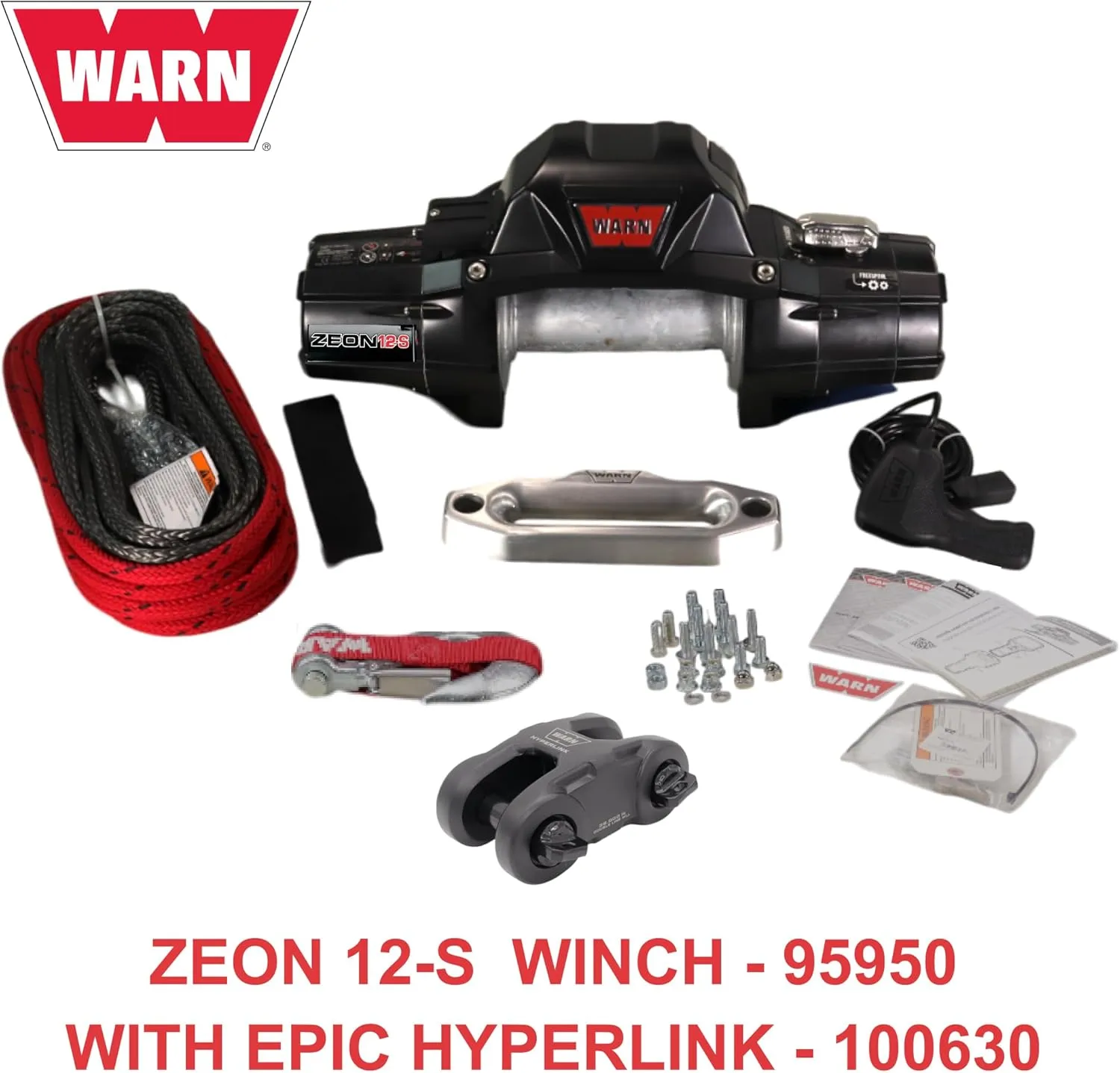 Warn Zeon 12-S 12V Electrical Utility Winch with 80 ft of 3/8 in Spydura Synthetic Rope & 12,000 lbs. for Trucks & SUVs - Includes Wired Remote and Epic Dual Pin "H" Shape Shackle Hyperlink (95950)