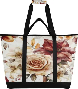 Watercolor Floral Reusable Insulated Cooler Bag with Ice Pack Compartment - Large 235L Waterproof Thermal Grocery Tote for Picnic Beach Camping Lunch Storage