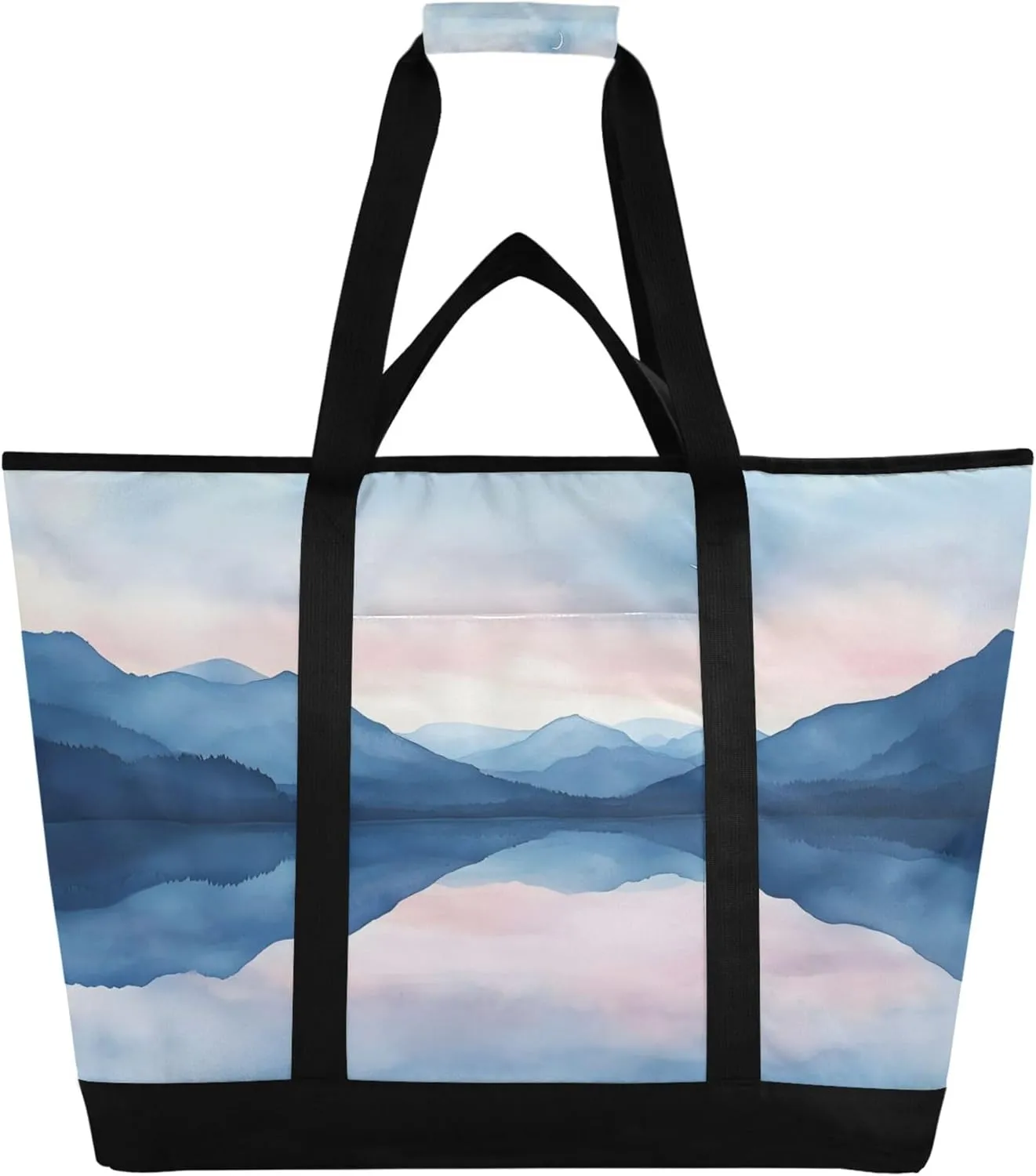 Watercolor Mountains Reusable Insulated Cooler Bag with Ice Pack Compartment - Large 47L Waterproof Thermal Grocery Tote for Picnic Beach Camping Lunch Storage