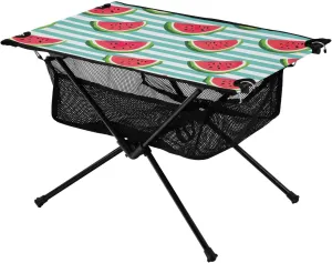 Watermelon Blue White Stripe Folding Portable Camping Table for Men Women Sturdy Beach Table with A Hanging Mesh Bag Easy to Assemble Camping Essentials for Cooking Picnic