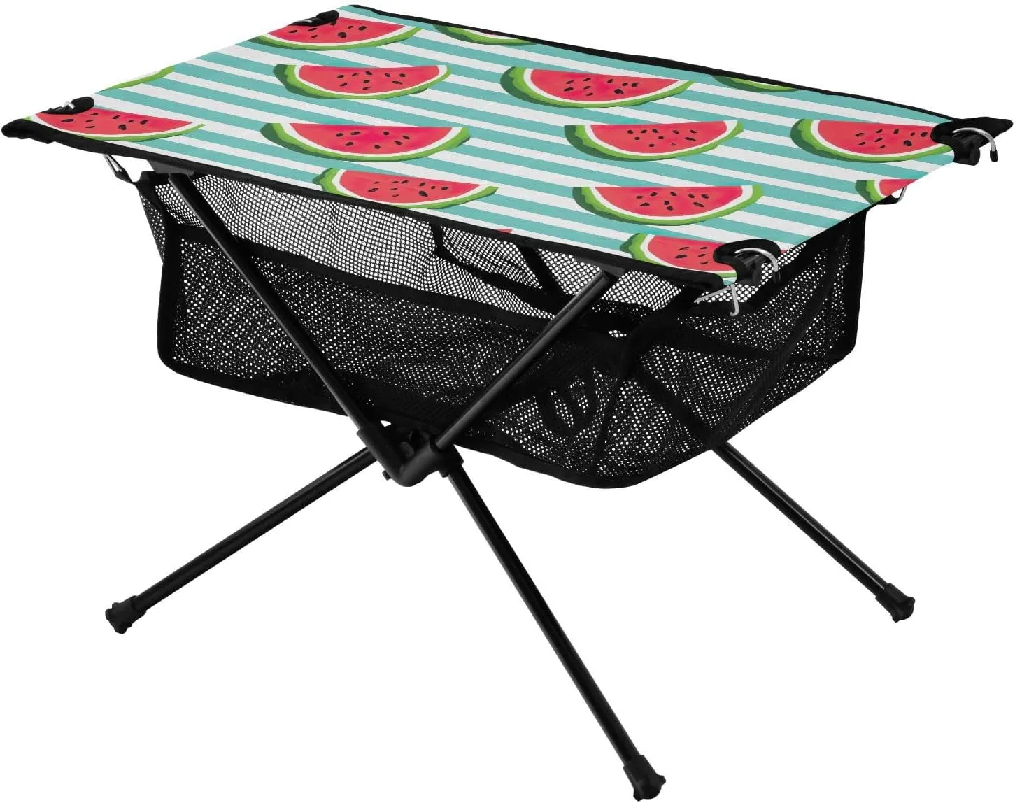 Watermelon Blue White Stripe Folding Portable Camping Table for Men Women Sturdy Beach Table with A Hanging Mesh Bag Easy to Assemble Camping Essentials for Cooking Picnic