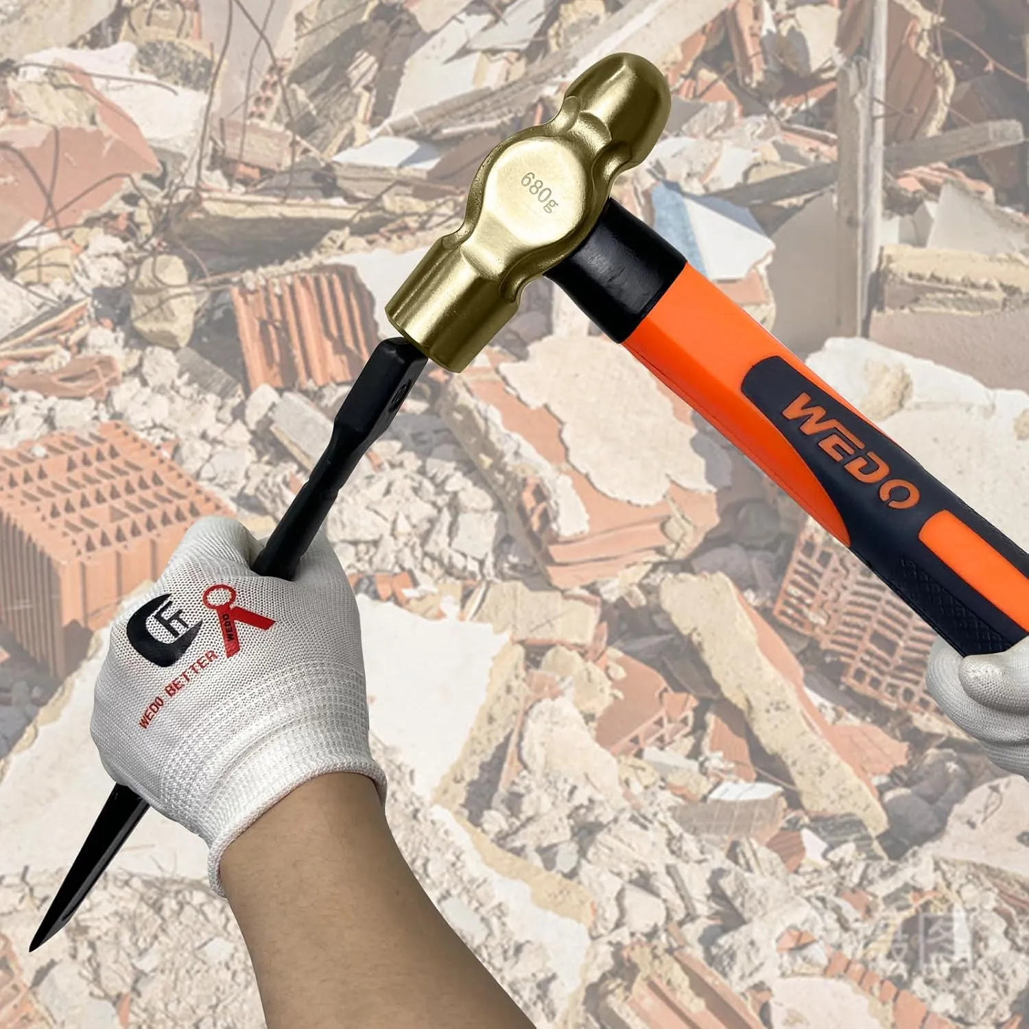 WEDO Ball Peen Hammer 24 oz, Non-Sparking Ball Pein Hammer, Die-forged Aluminum Bronze Head, Ergonomic Fiberglass Handle, Shock Absorbing Grip Length 340mm, DIN Standard, BAM & FM Certificate