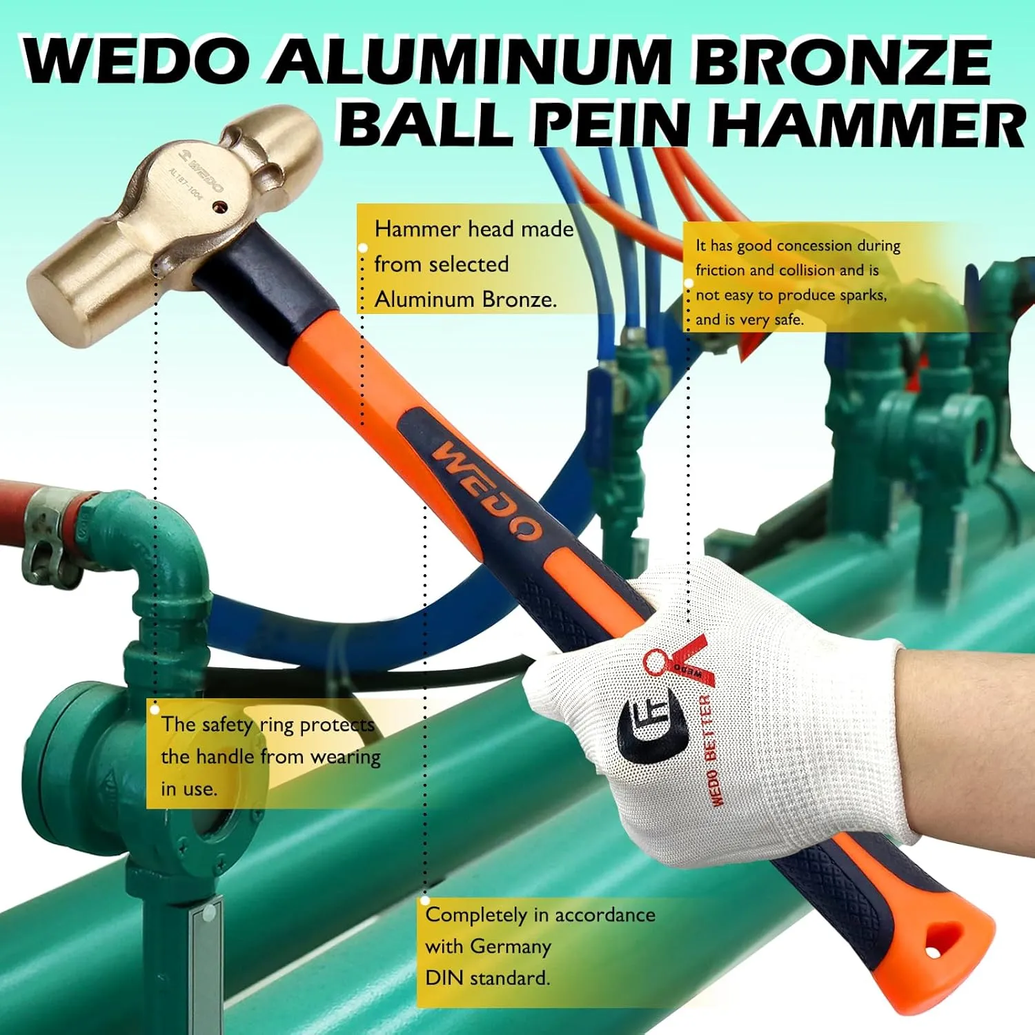 WEDO Ball Peen Hammer 24 oz, Non-Sparking Ball Pein Hammer, Die-forged Aluminum Bronze Head, Ergonomic Fiberglass Handle, Shock Absorbing Grip Length 340mm, DIN Standard, BAM & FM Certificate