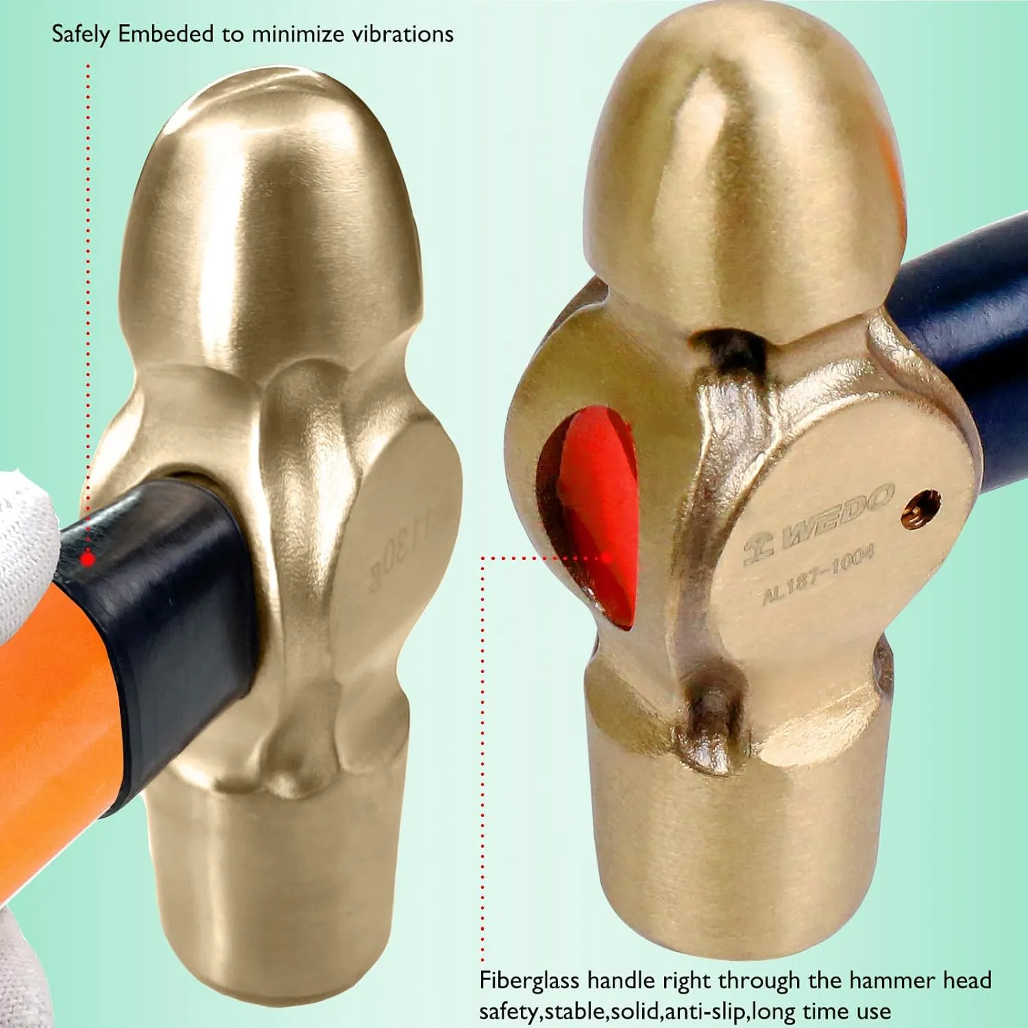 WEDO Ball Peen Hammer 24 oz, Non-Sparking Ball Pein Hammer, Die-forged Aluminum Bronze Head, Ergonomic Fiberglass Handle, Shock Absorbing Grip Length 340mm, DIN Standard, BAM & FM Certificate