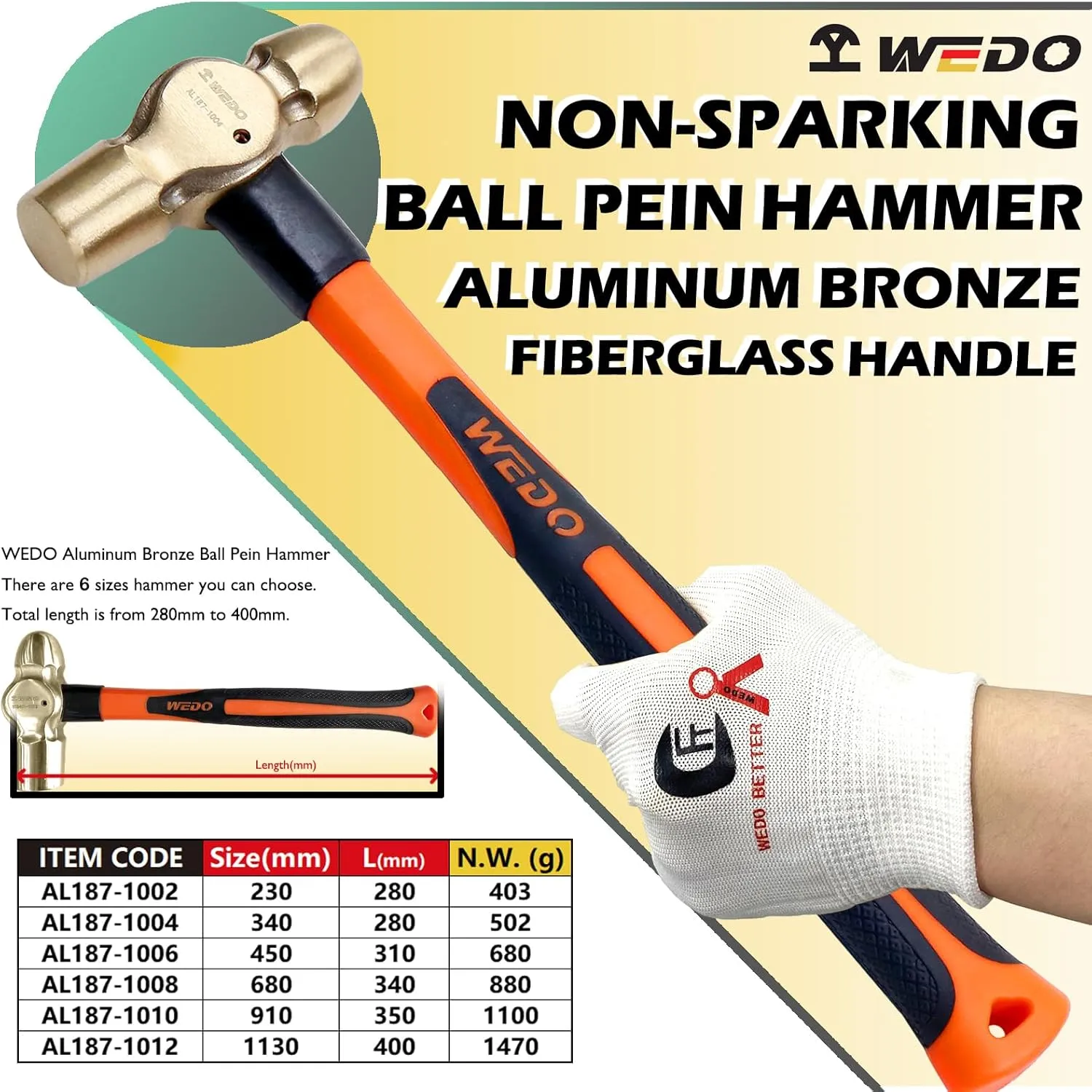 WEDO Ball Peen Hammer 24 oz, Non-Sparking Ball Pein Hammer, Die-forged Aluminum Bronze Head, Ergonomic Fiberglass Handle, Shock Absorbing Grip Length 340mm, DIN Standard, BAM & FM Certificate