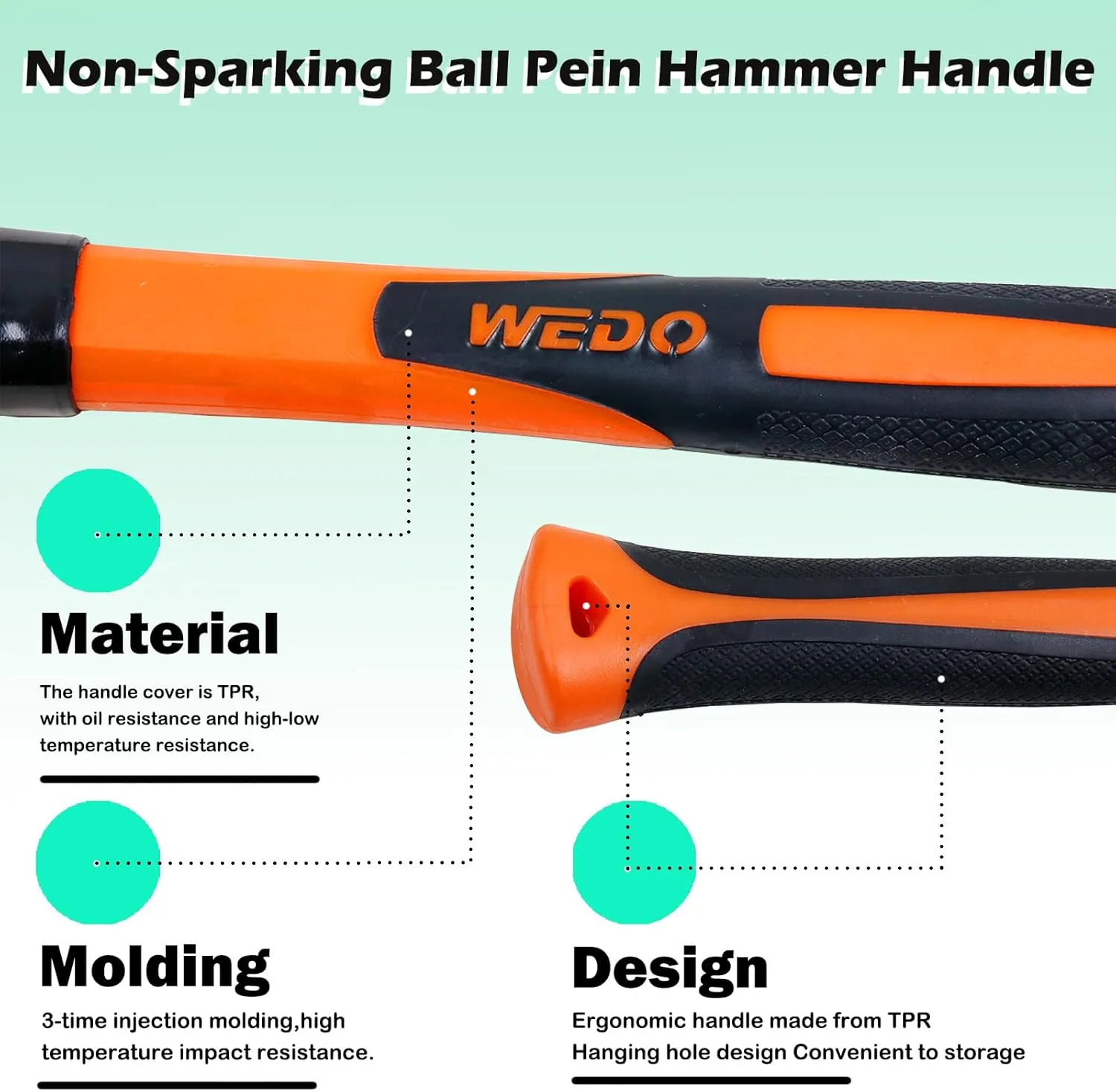 WEDO Ball Peen Hammer 24 oz, Non-Sparking Ball Pein Hammer, Die-forged Aluminum Bronze Head, Ergonomic Fiberglass Handle, Shock Absorbing Grip Length 340mm, DIN Standard, BAM & FM Certificate