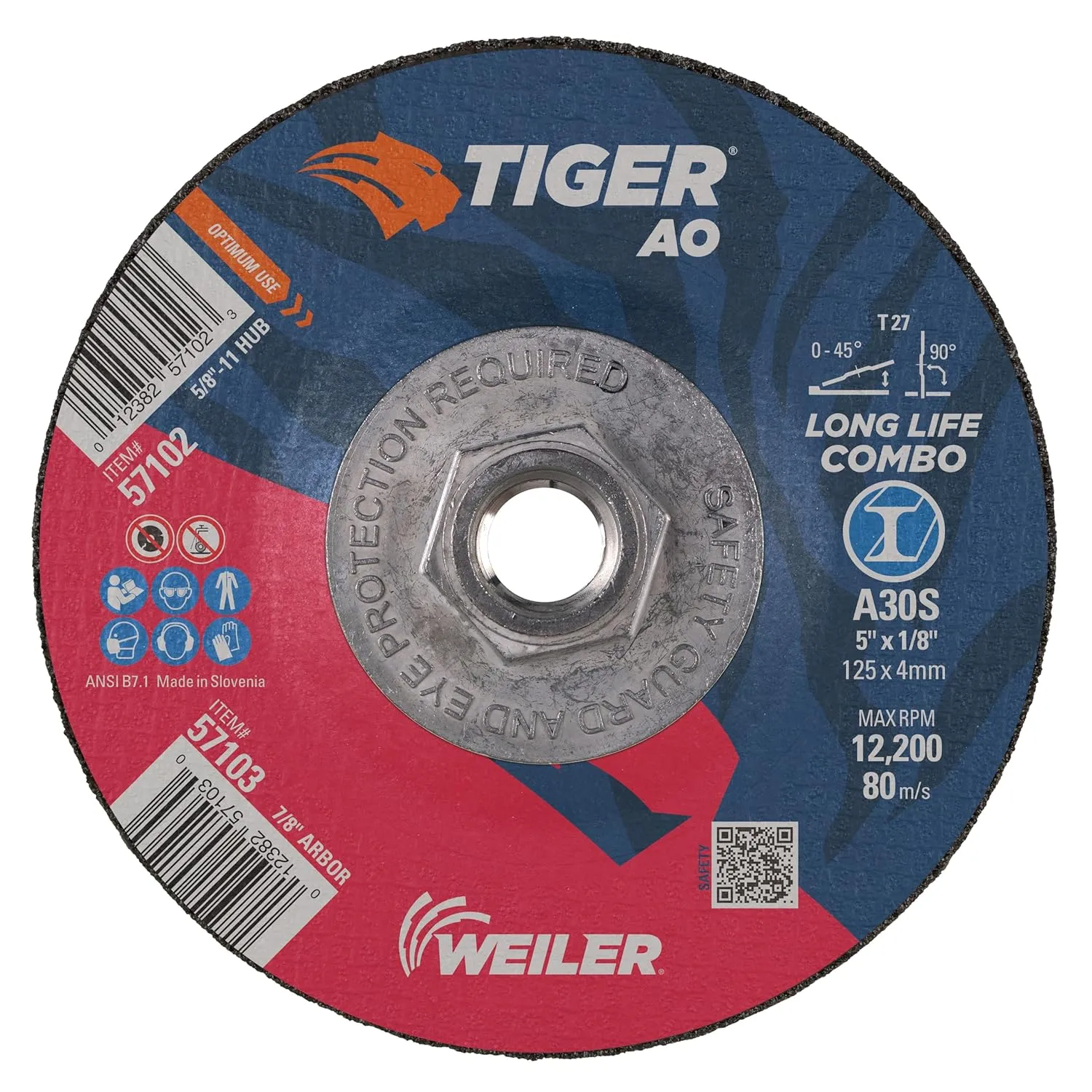 Weiler 57102 5" x 1/8" Tiger Type 27 Cut and Grind Combo Wheel, A30S, 5/8"-11 UNC Nut (Pack of 10)