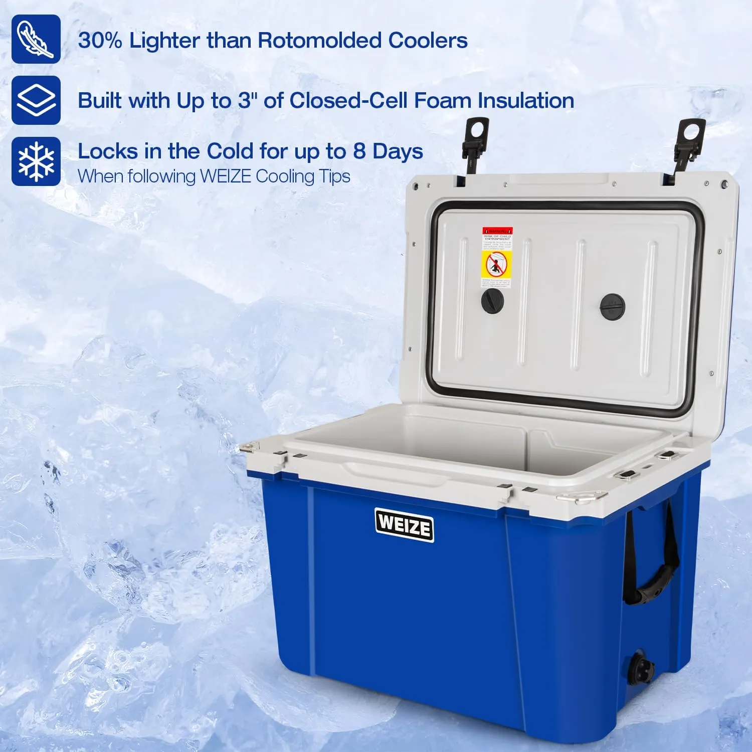 WEIZE Ultra-Light 55 Quart Hard Cooler Insulated Portable Ice Chest Box with Bottle Opener, Keeps Cold up to 7 Days for Beach, Drink, Beverage, Camping, Picnic, Fishing, Boat, Barbecue